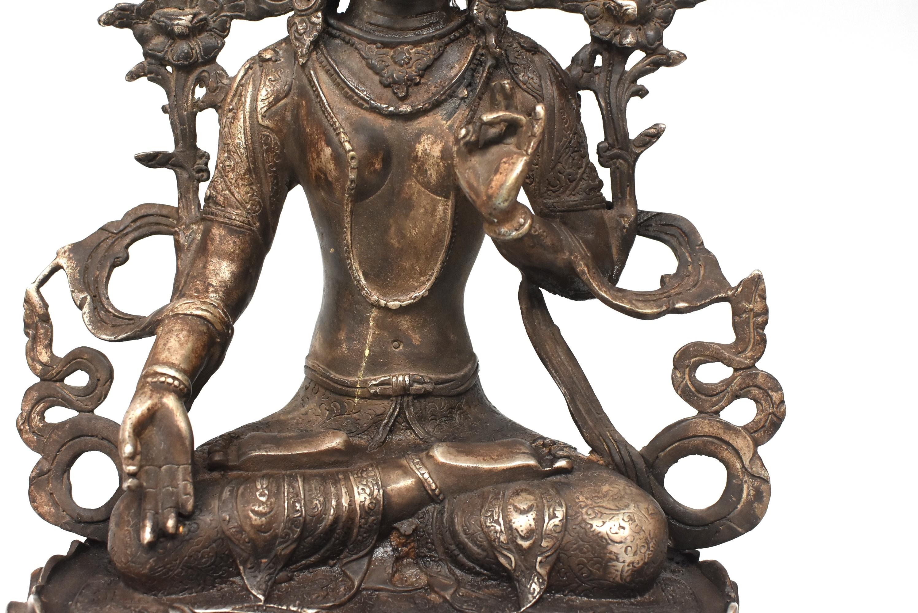 Silvered Large Antique Statue of Silver Brass Tibetan White Tara