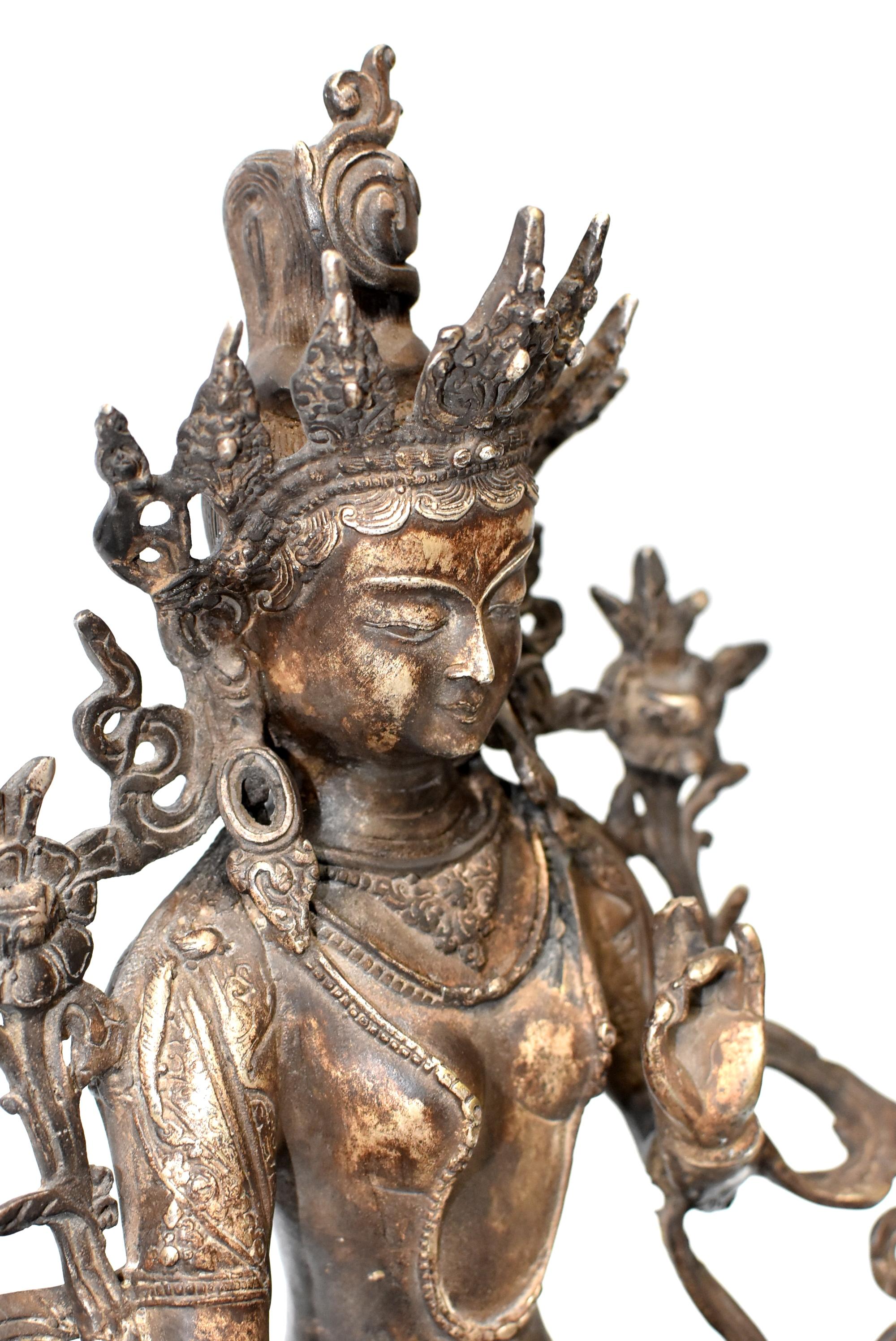 Large Antique Statue of Silver Brass Tibetan White Tara 1