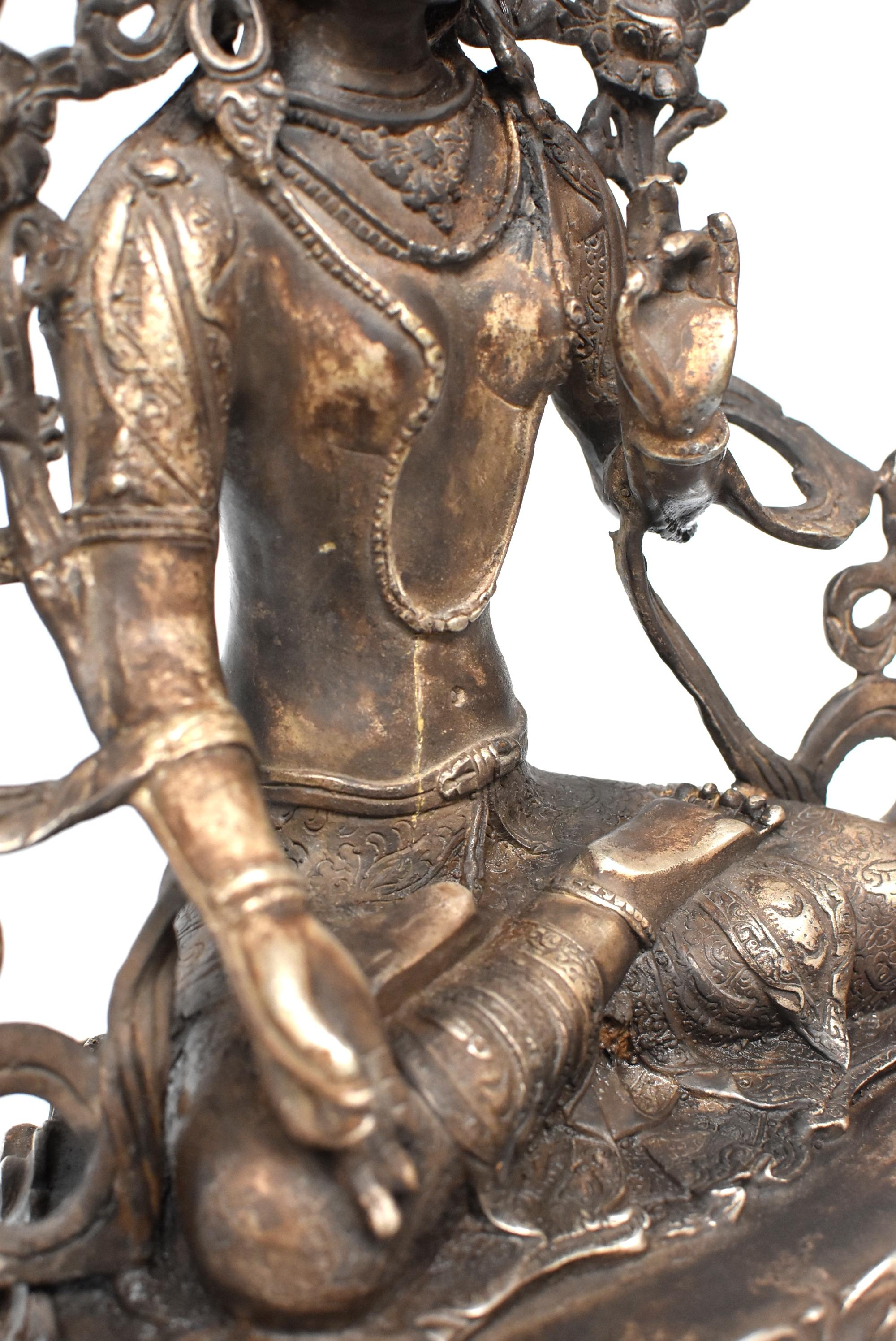 Large Antique Statue of Silver Brass Tibetan White Tara 3