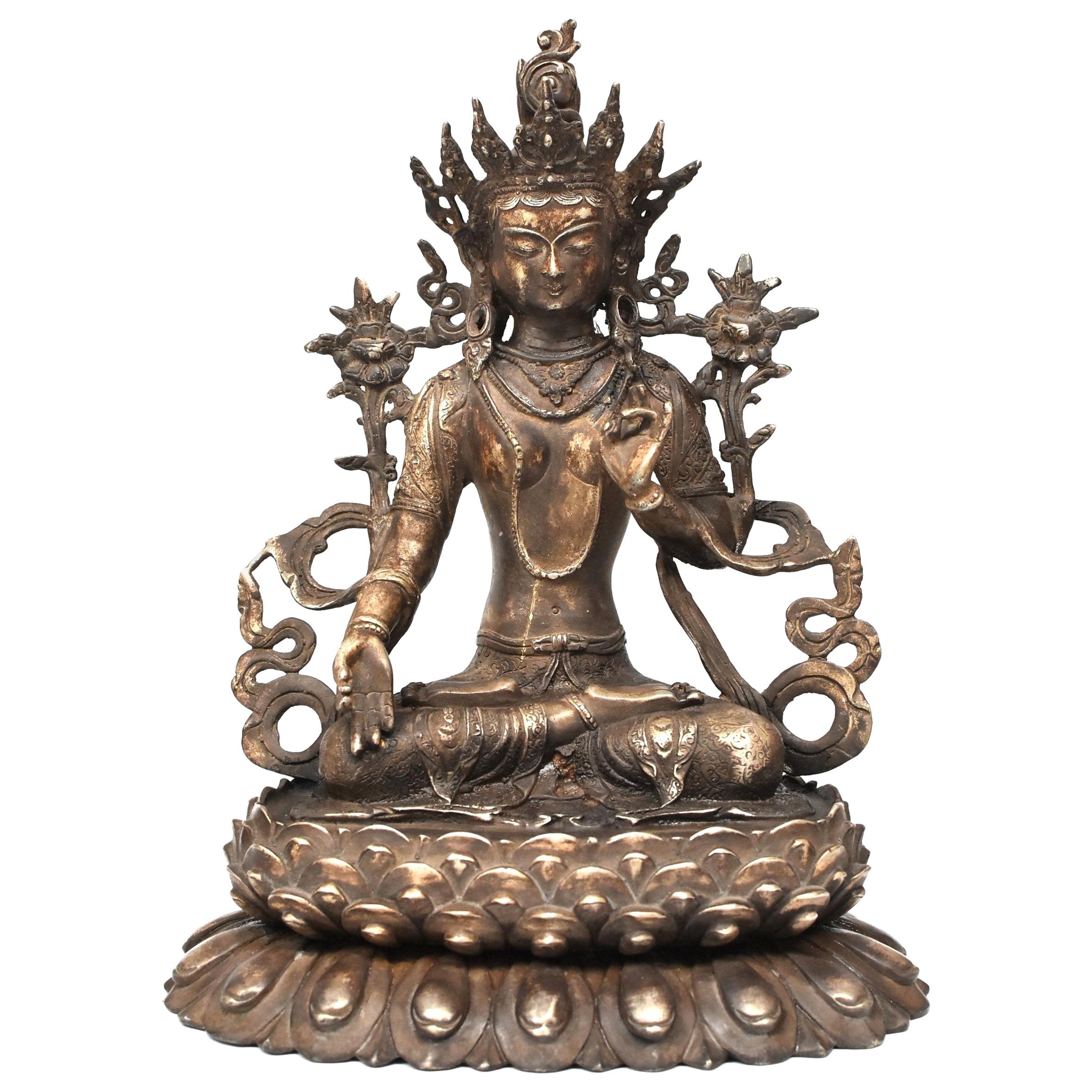 Large Antique Statue of Silver Brass Tibetan White Tara