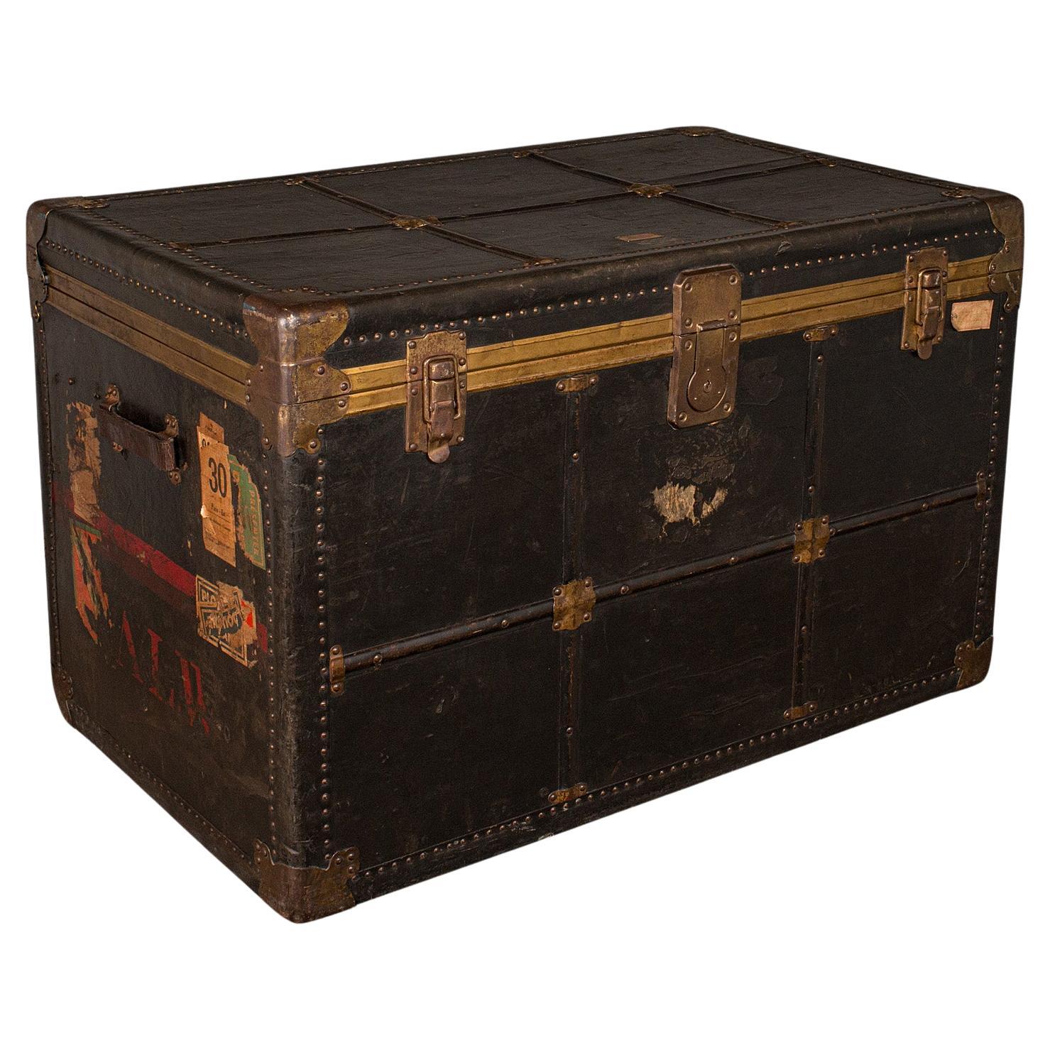 Grande malle à vapeur ancienne, American, Leather, Brass, Shipping Chest, Edwardian