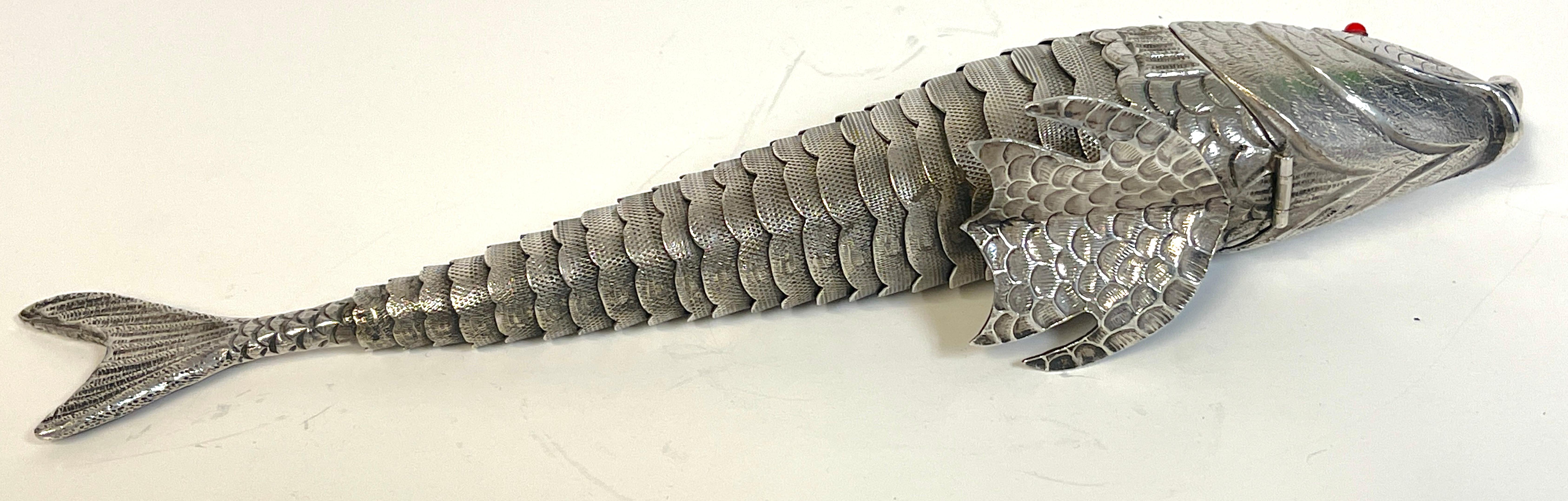 Large Antique Sterling Articulated Fish Spice Box, Portugal, circa 1900 3