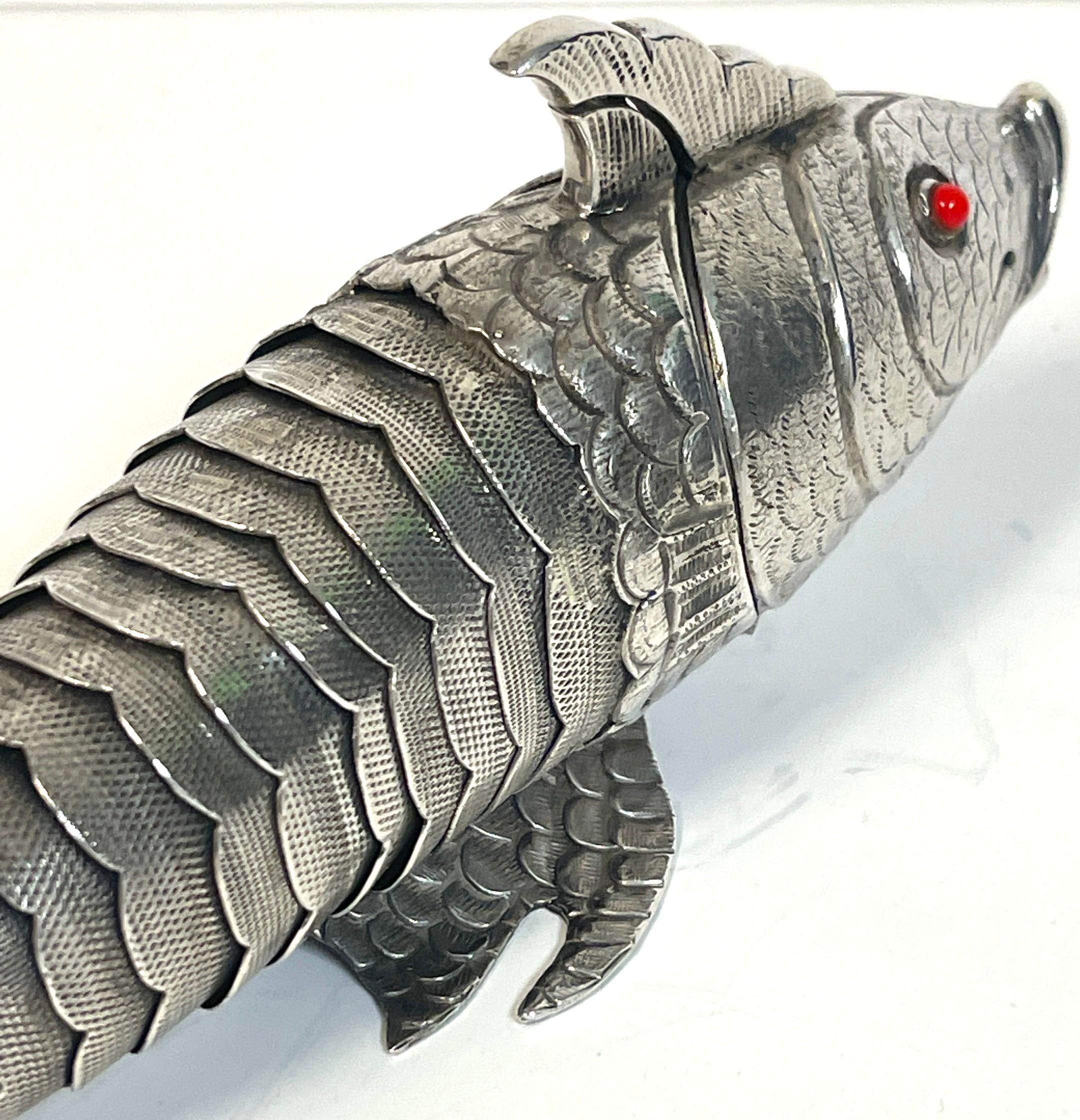 Large Antique Sterling Articulated Fish Spice Box, Portugal, circa 1900 In Good Condition In West Palm Beach, FL