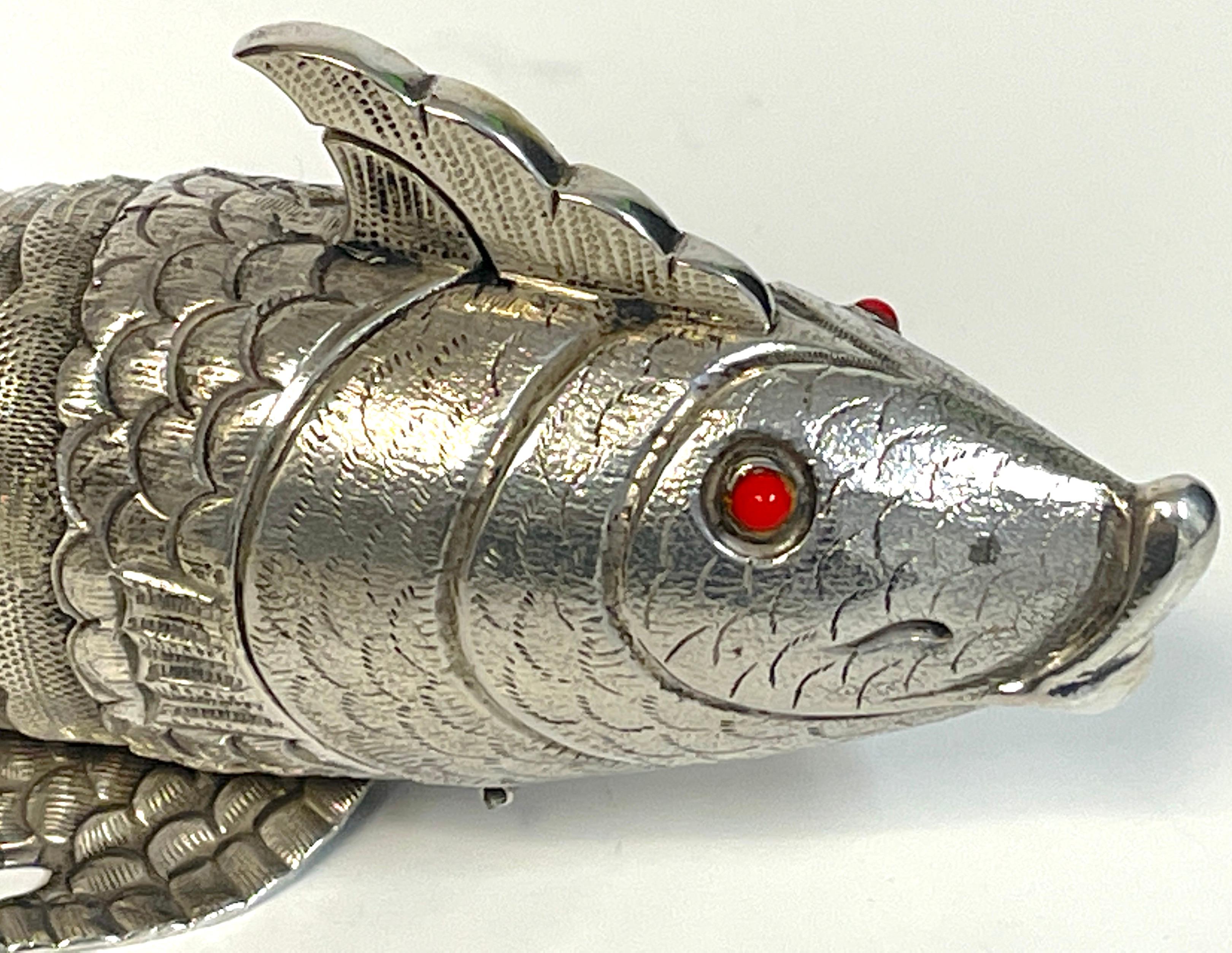 20th Century Large Antique Sterling Articulated Fish Spice Box, Portugal, circa 1900