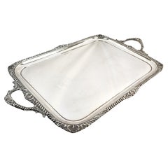 Large Antique Sterling Silver Edwardian Serving Tray with Stylized Rope Border