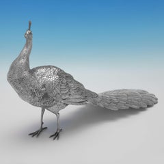 Large Antique Sterling Silver Peacock & Peahen Models, Circa 1910