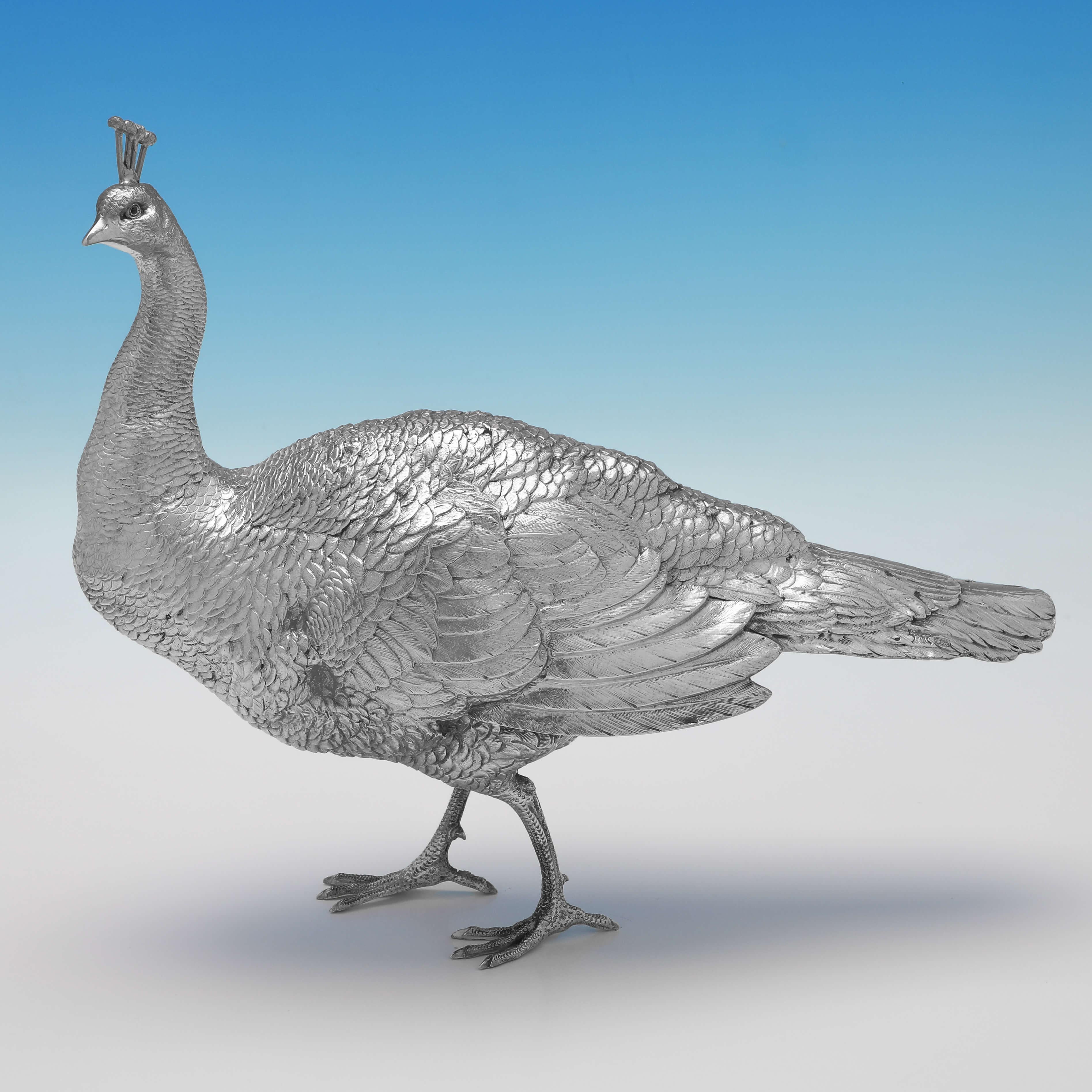 Edwardian Large Antique Sterling Silver Peacock & Peahen Models, Circa 1910