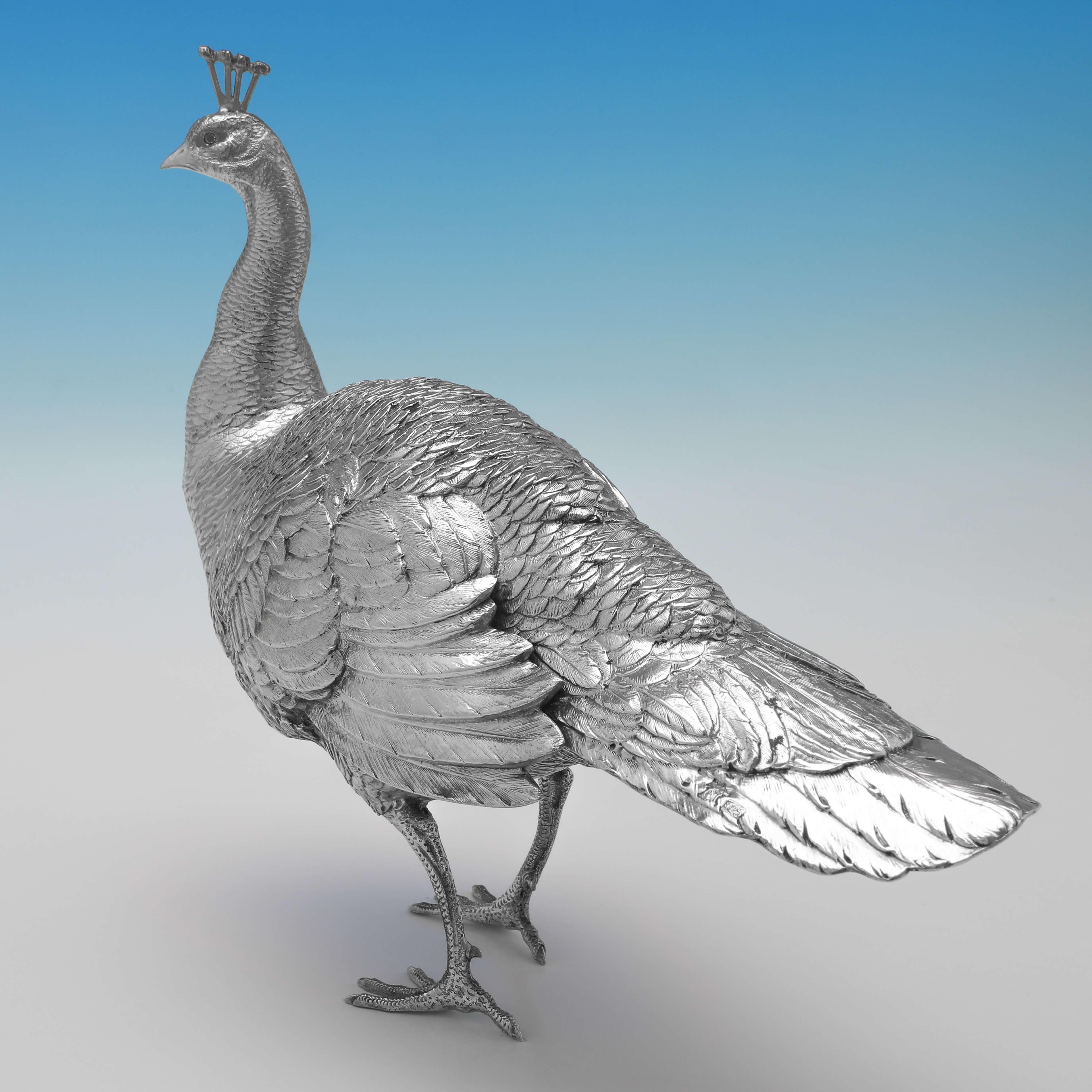 German Large Antique Sterling Silver Peacock & Peahen Models, Circa 1910