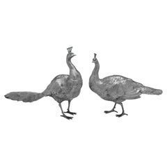 Large Antique Sterling Silver Peacock & Peahen Models, Circa 1910 