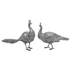 Large Antique Sterling Silver Peacock & Peahen Models, Circa 1910