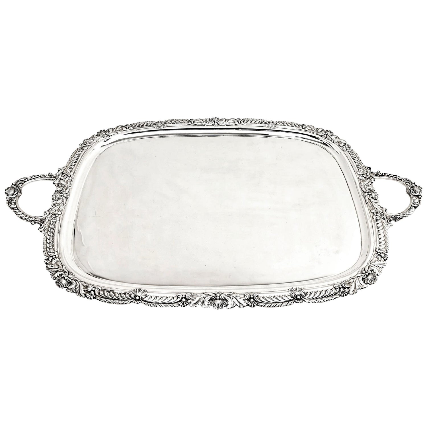 Large Antique Sterling Silver Serving Tray or Tea Tray 1908 Shell and Gadroon