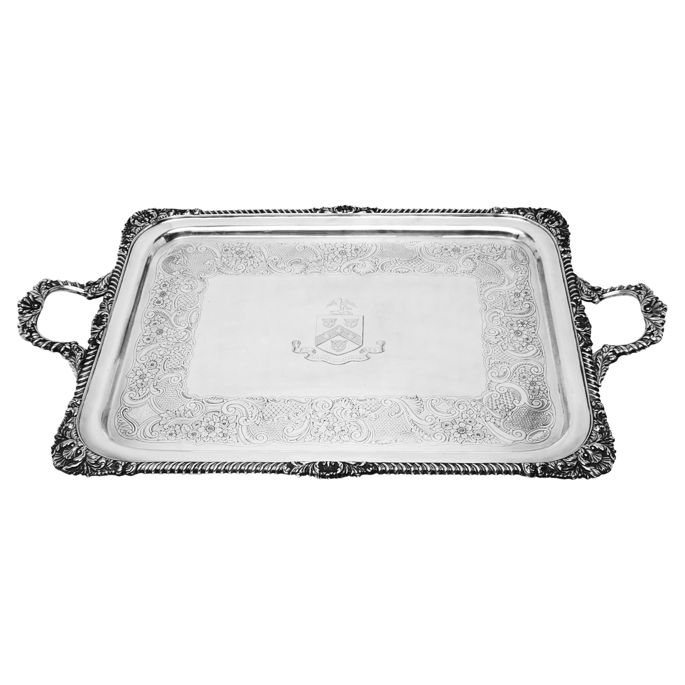 Grand plateau de service à deux poignées en argent sterling ancien 1906