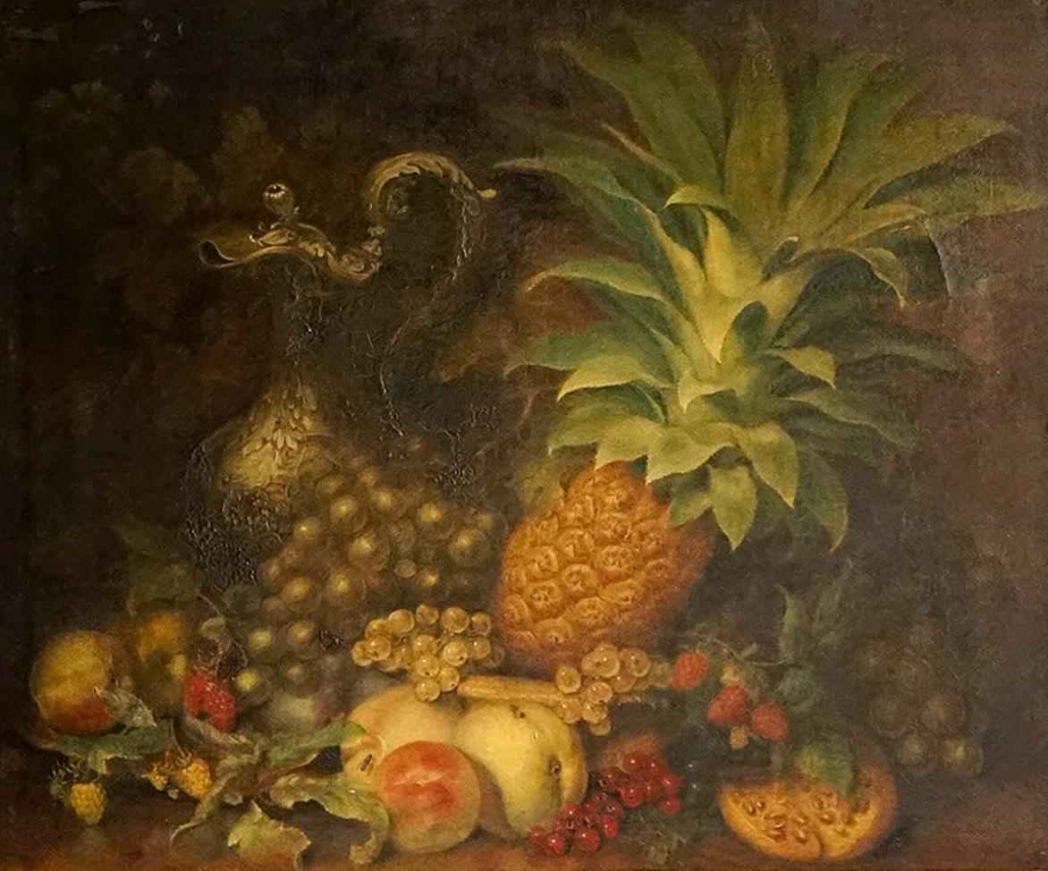 Grande nature morte ancienne représentant des fruits, peinture originale à l'huile sur toile, C.I.C.