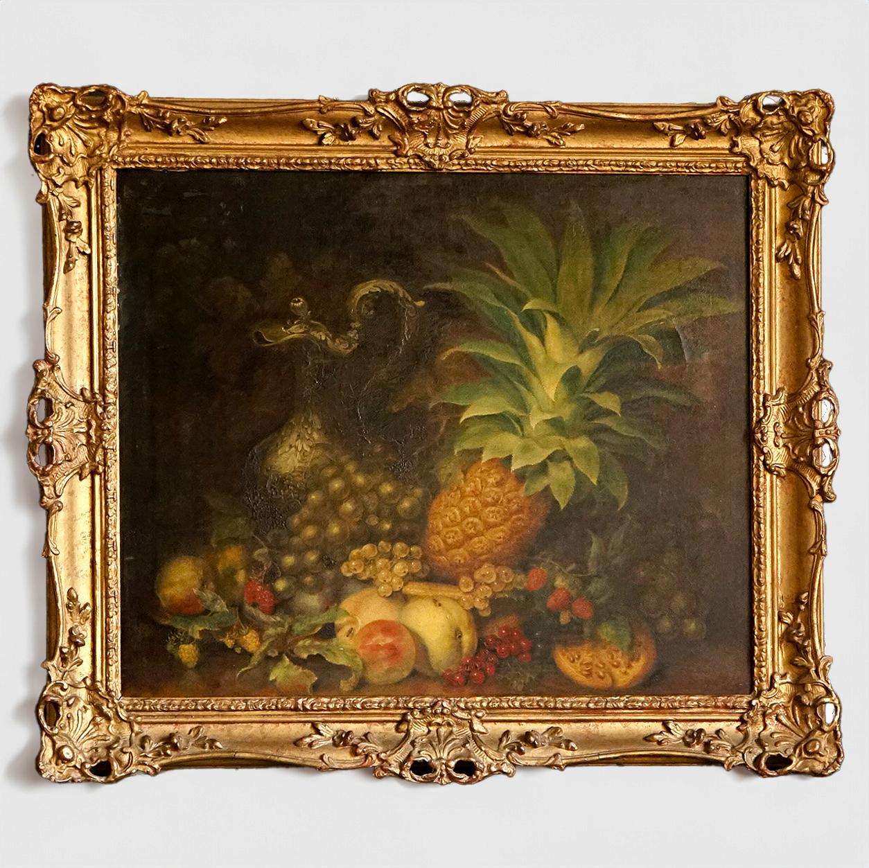 Antique Original Oil on Canvas Painting by J. Goddard

Depicting an abundance of fruit including a pineapple along with a ewer on a kitchen table.

Signed ‘J. E. Goddard’ in the lower right and indistinctly dated ‘18**’

In the original and highly