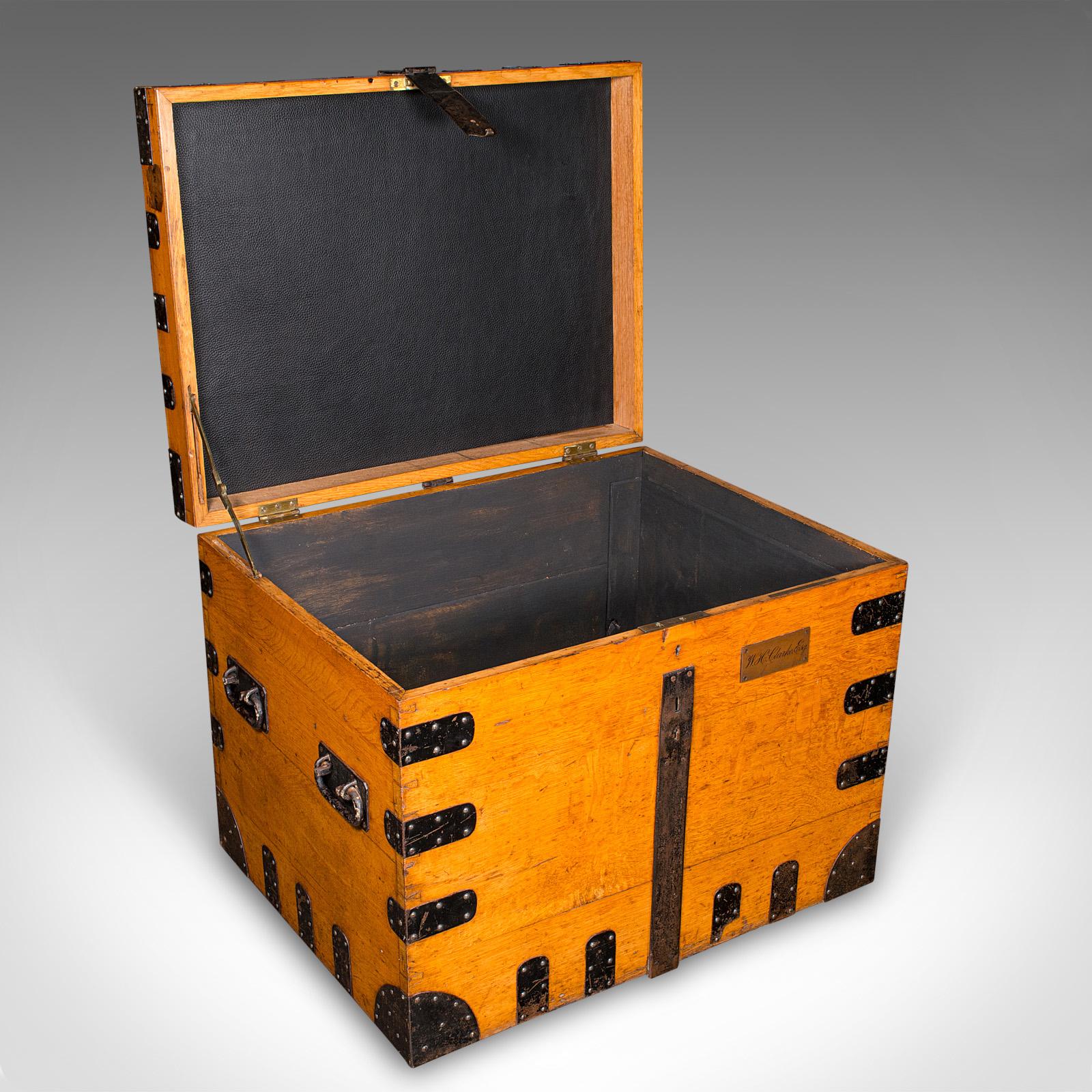 Our Stock # 24918

This is a large antique storage trunk. An English, oak and iron bound silver chest, dating to the Victorian period, circa 1880.

Superb living room or bedroom storage with fine Victorian appeal
Displays a desirable aged patina and