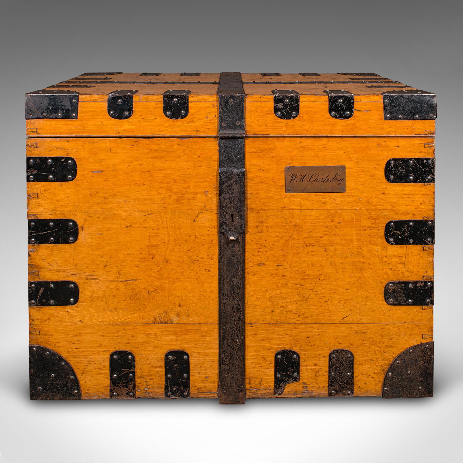 Late Victorian Large Antique Storage Trunk, English, Oak, Iron Bound, Silver Chest, Victorian For Sale
