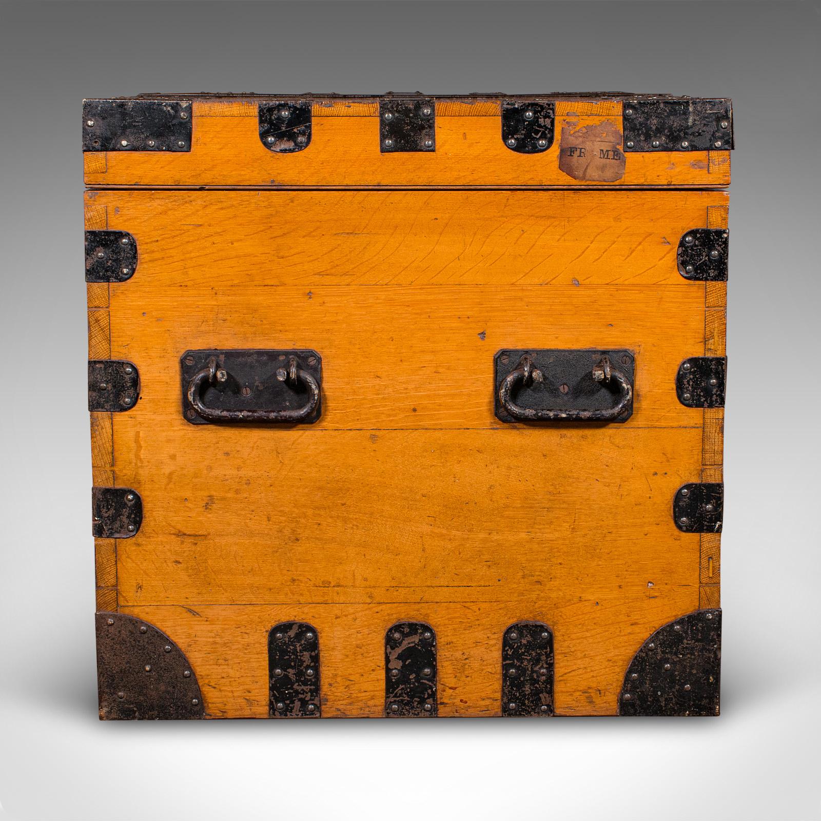 British Large Antique Storage Trunk, English, Oak, Iron Bound, Silver Chest, Victorian For Sale
