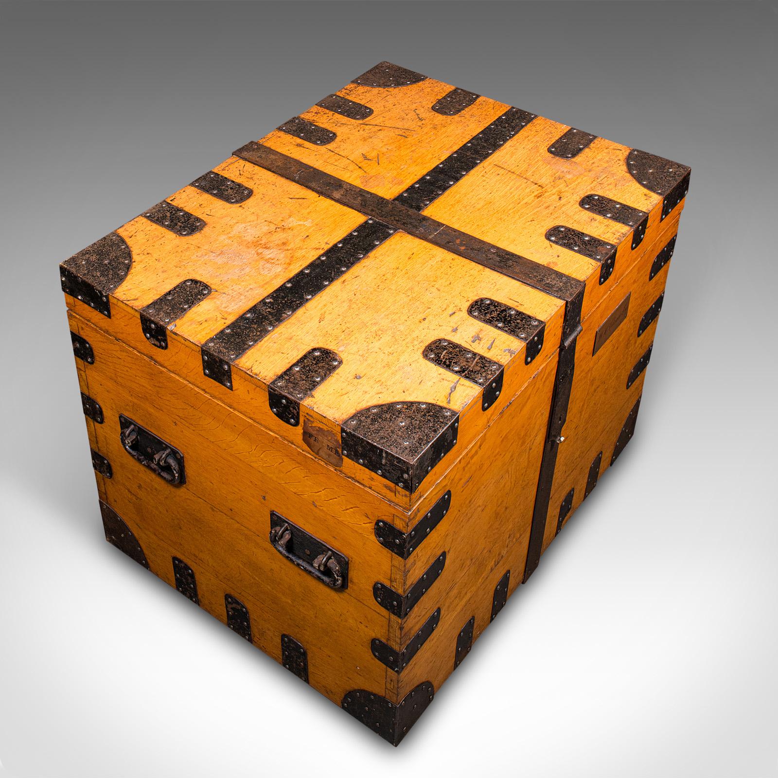 Large Antique Storage Trunk, English, Oak, Iron Bound, Silver Chest, Victorian For Sale 1