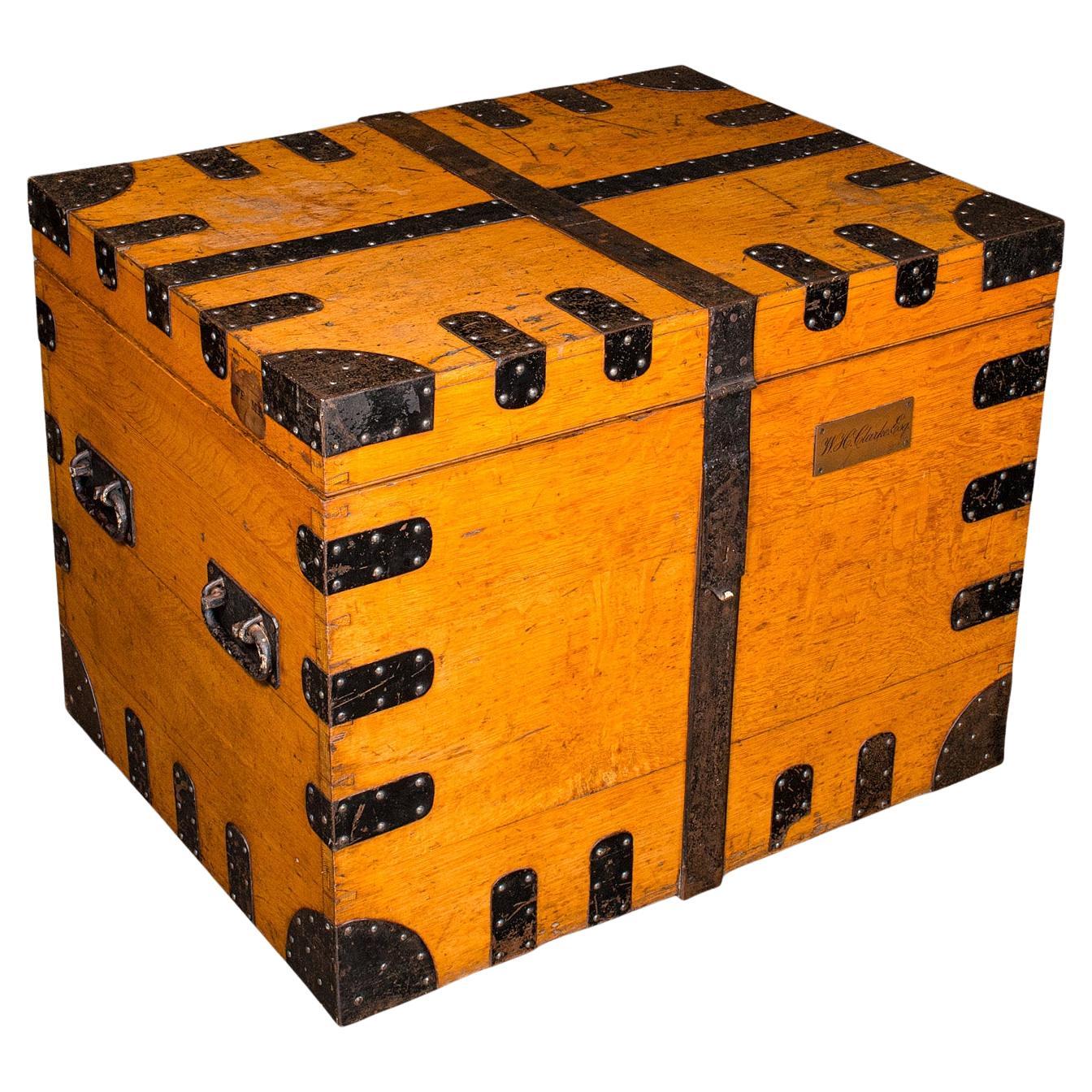 Large Antique Storage Trunk, English, Oak, Iron Bound, Silver Chest, Victorian