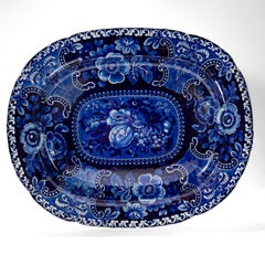 Large Antique Stubbs 'Fruit & Flowers' Blue Transferware Platter or Serving Tray