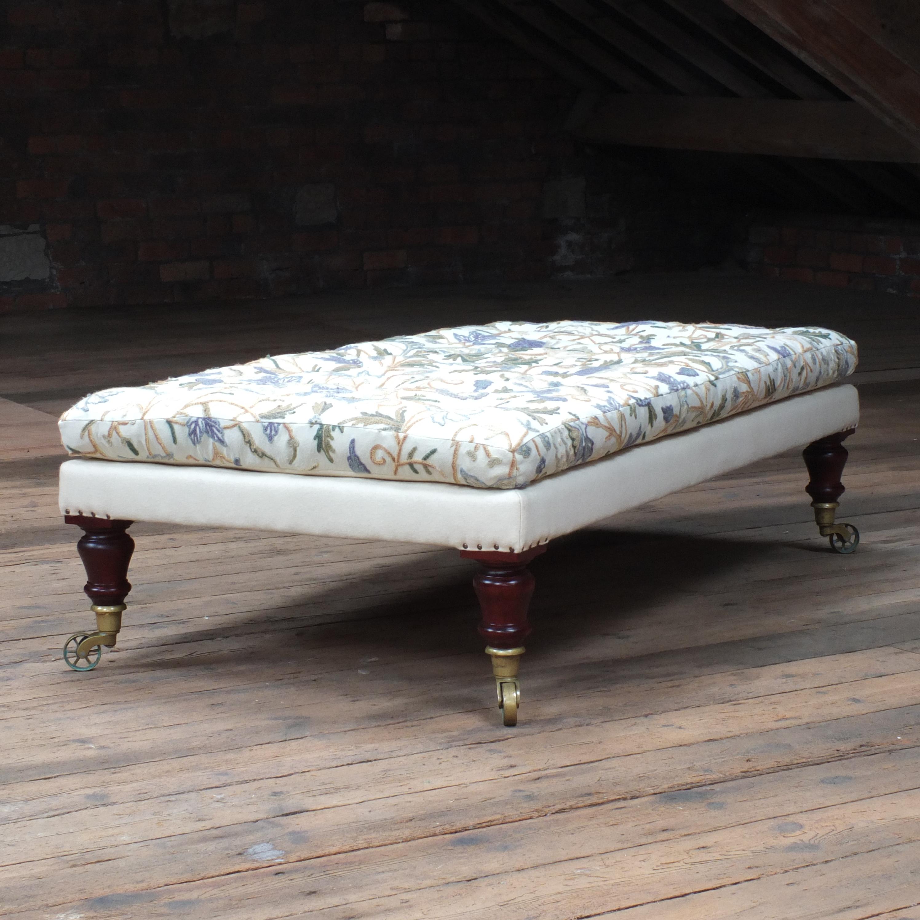 Large Antique Style Country House Footstool in Vintage Crewel Work Fabric 3