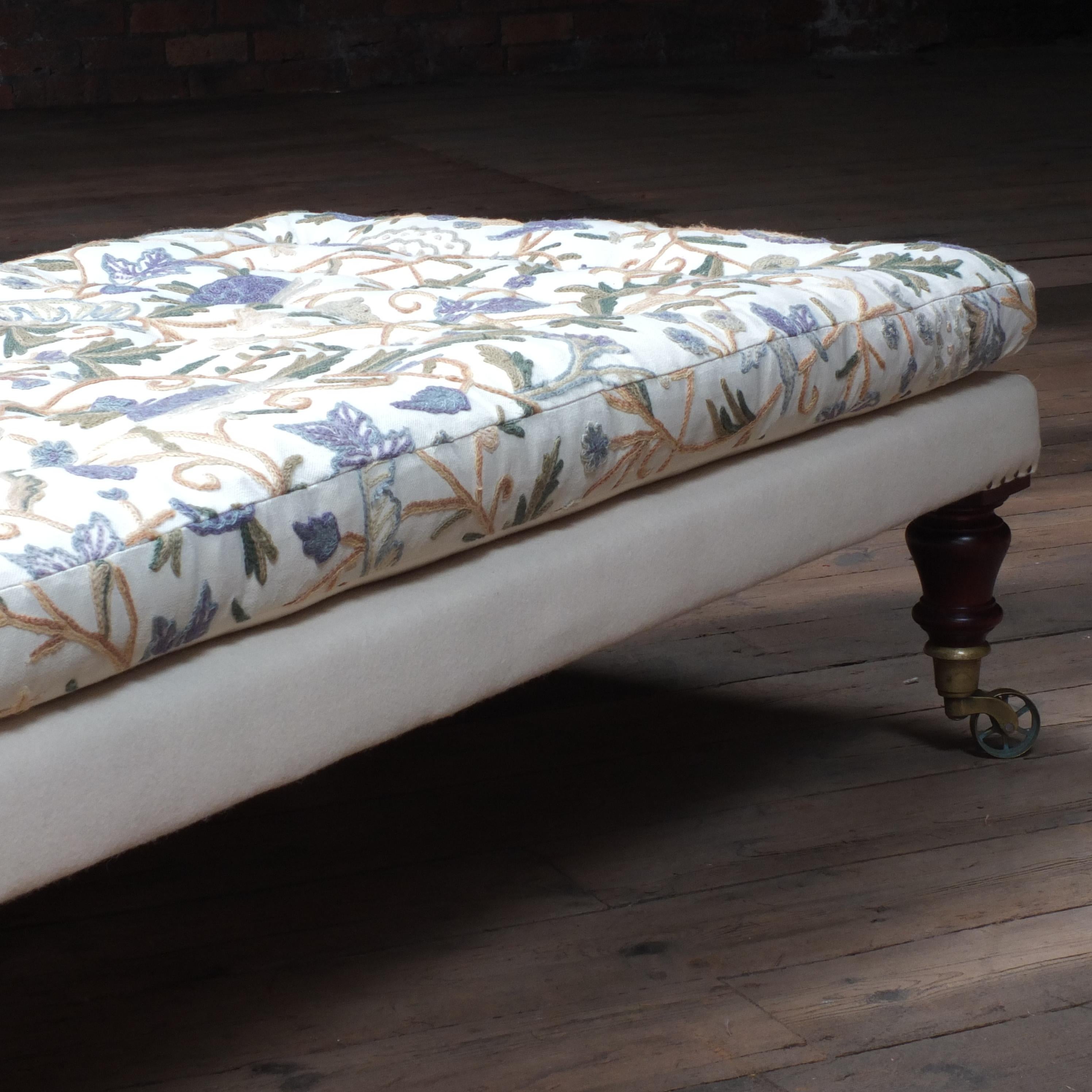 Victorian Large Antique Style Country House Footstool in Vintage Crewel Work Fabric