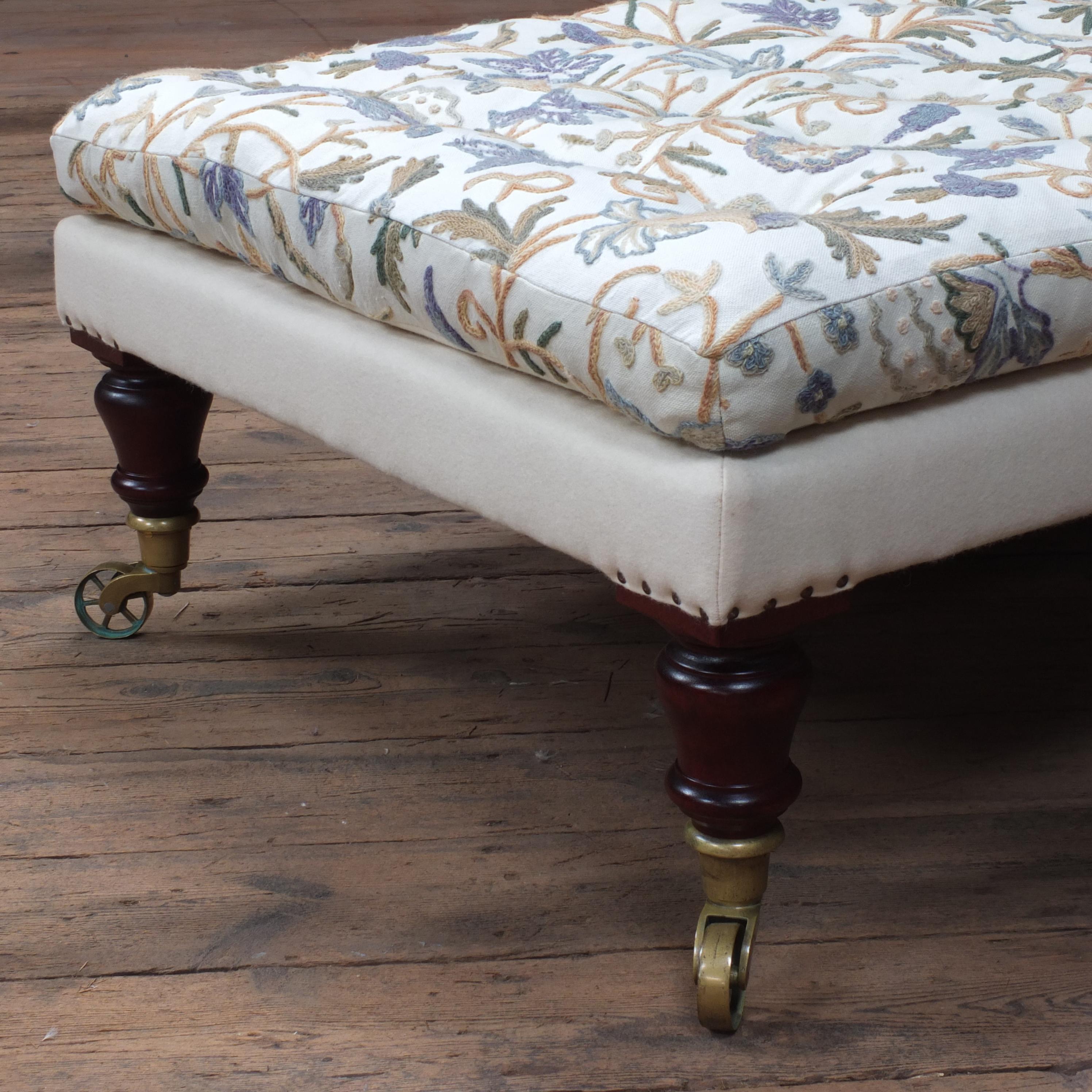 English Large Antique Style Country House Footstool in Vintage Crewel Work Fabric