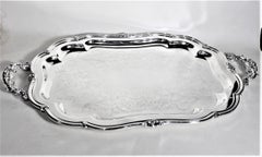 Large Antique Styled Silver Plated Serving Tray with Ornate Engraving & Handles