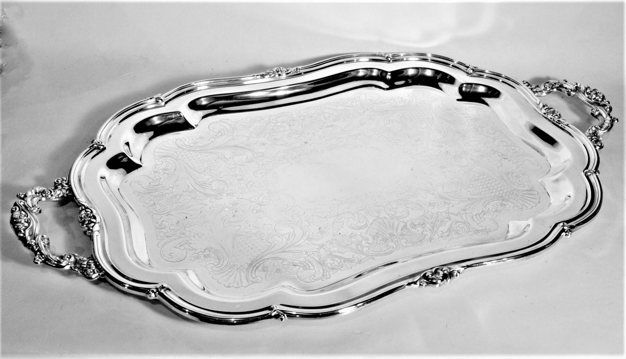 Victorian Large Antique Styled Silver Plated Serving Tray with Ornate Engraving & Handles