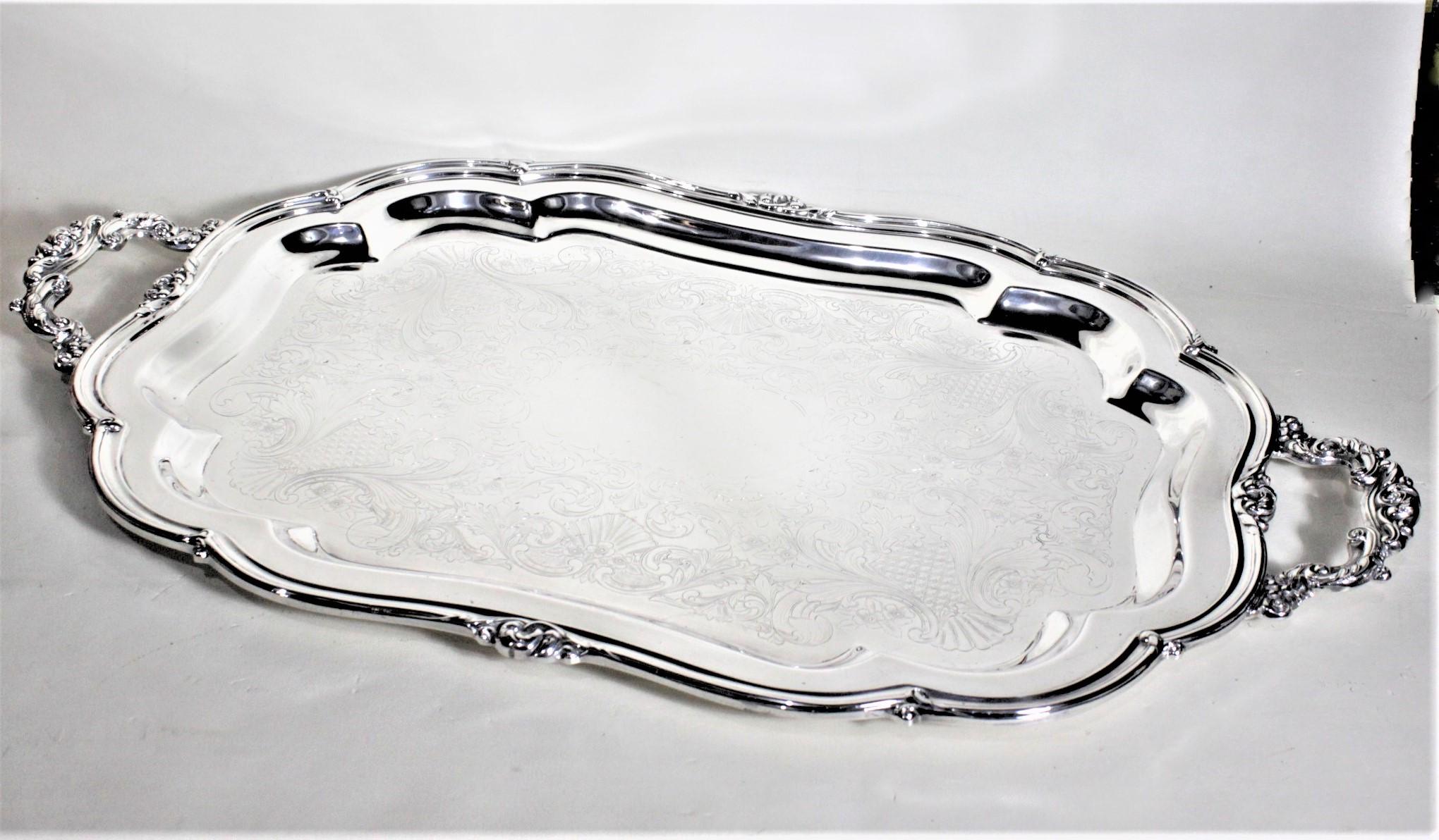 American Large Antique Styled Silver Plated Serving Tray with Ornate Engraving & Handles