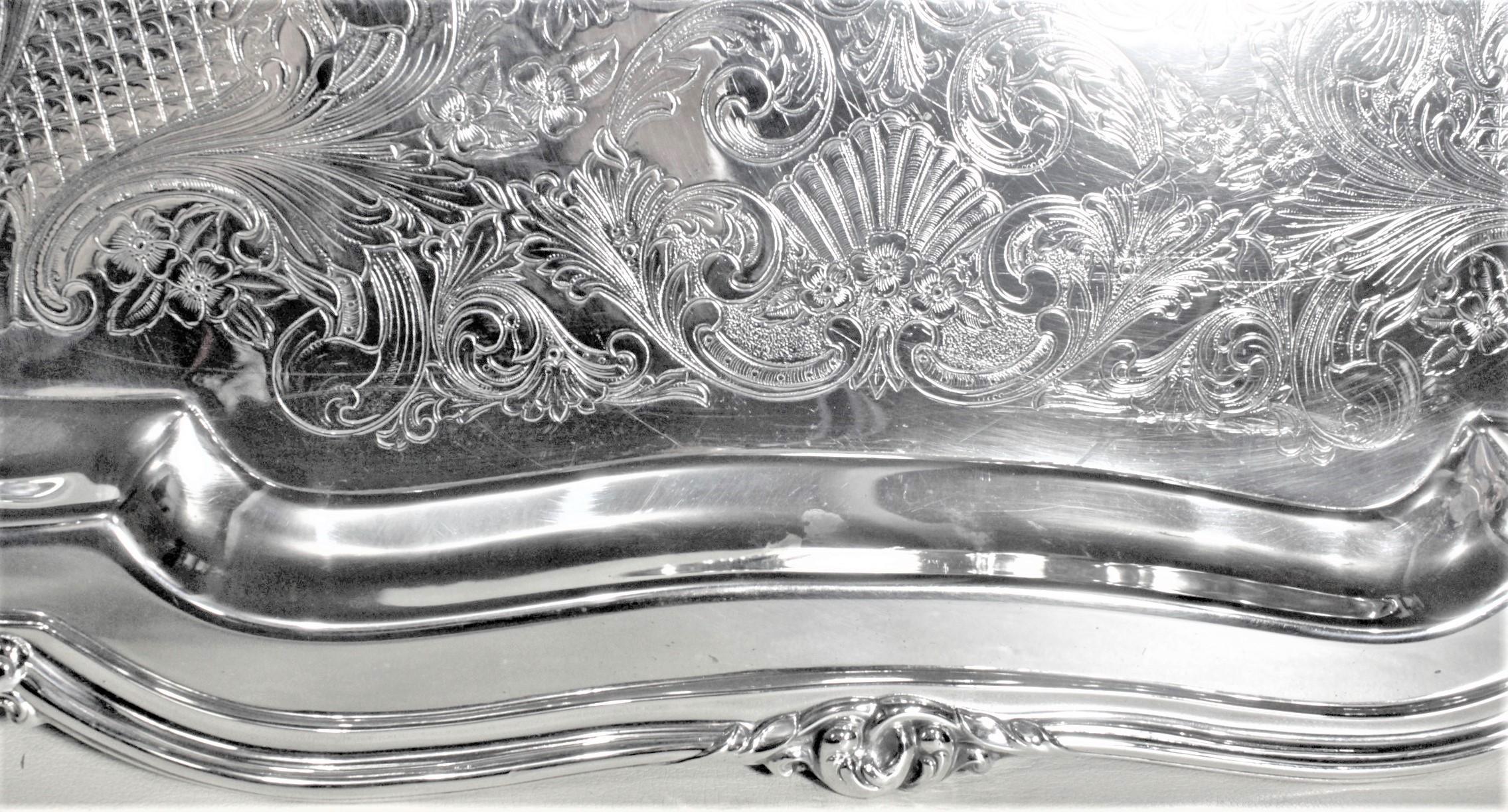20th Century Large Antique Styled Silver Plated Serving Tray with Ornate Engraving & Handles