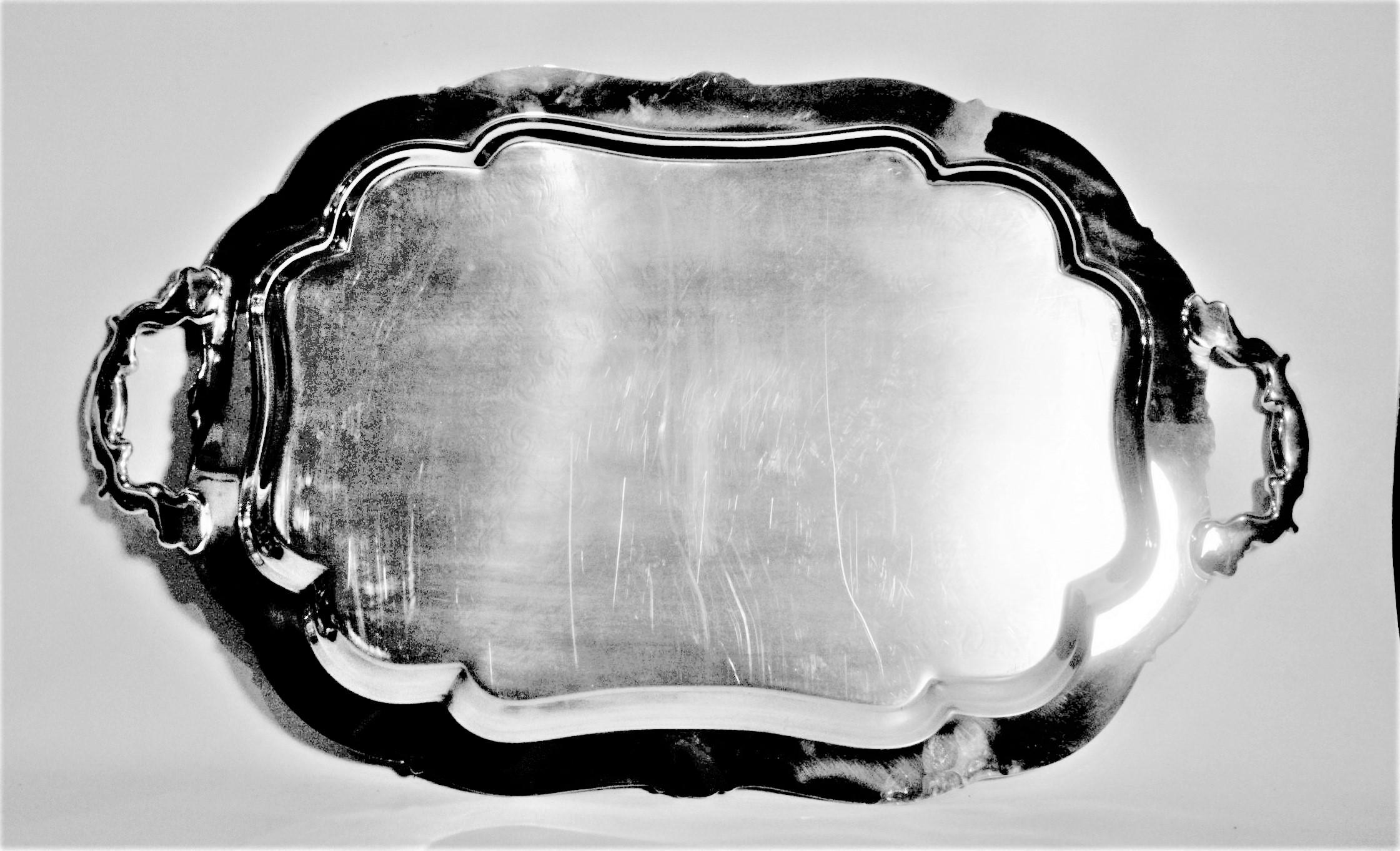 Large Antique Styled Silver Plated Serving Tray with Ornate Engraving & Handles 1