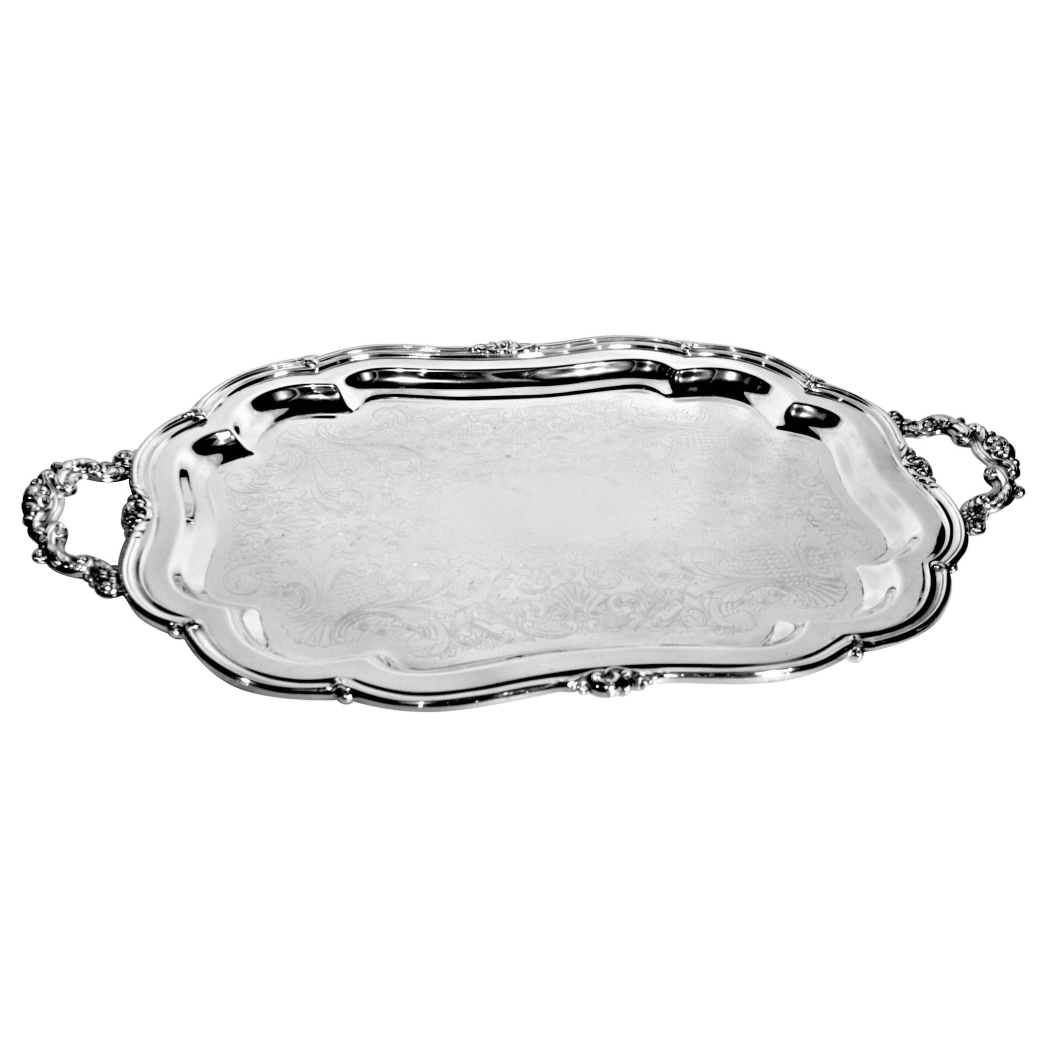Large Antique Styled Silver Plated Serving Tray with Ornate Engraving & Handles