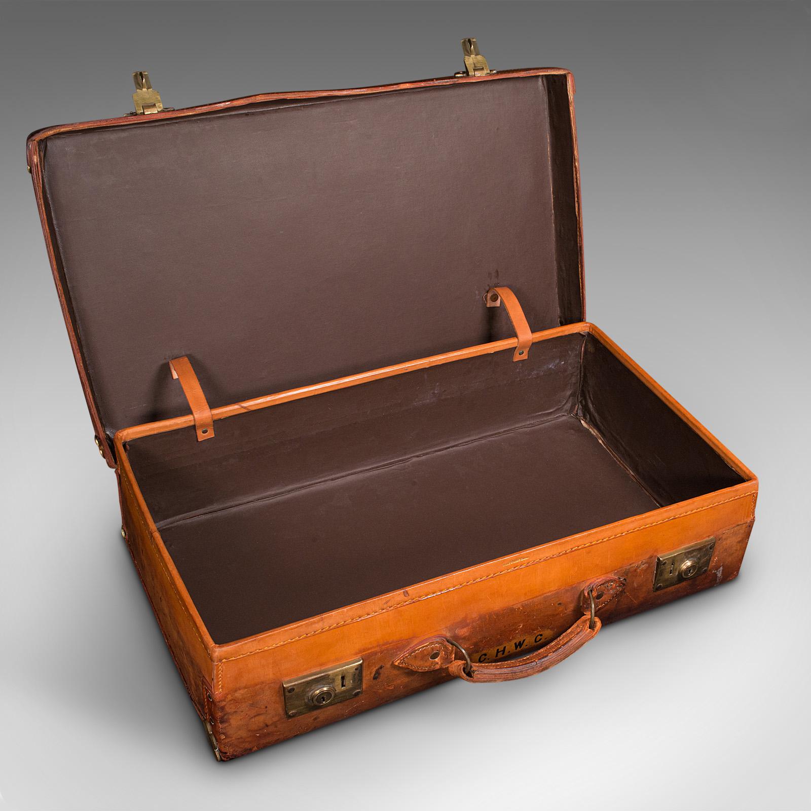 British Large Antique Suitcase, English, Leather, Gentleman's Travelling Case, Edwardian For Sale