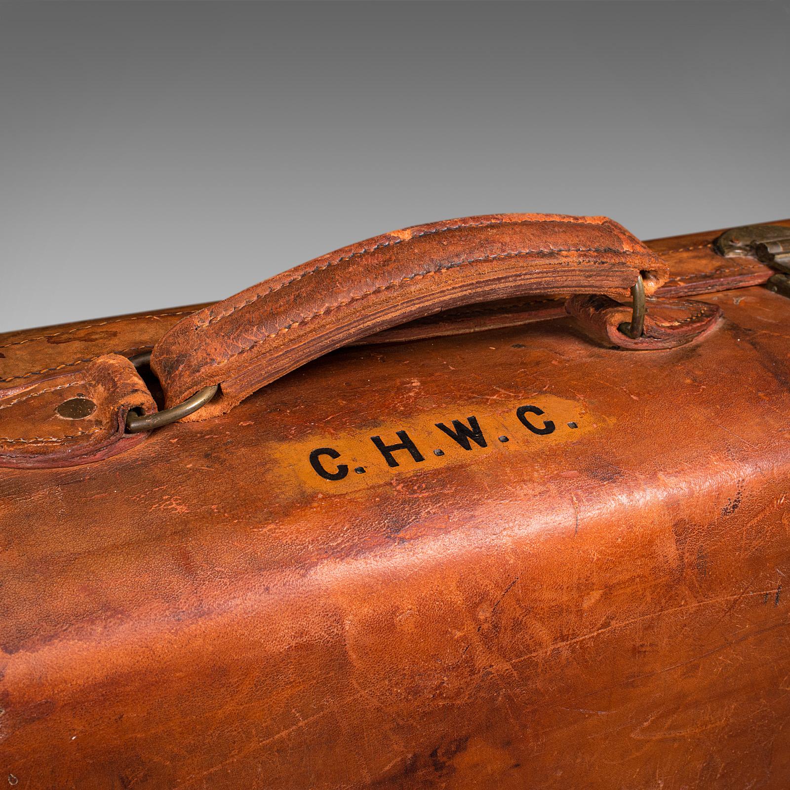 20th Century Large Antique Suitcase, English, Leather, Gentleman's Travelling Case, Edwardian For Sale