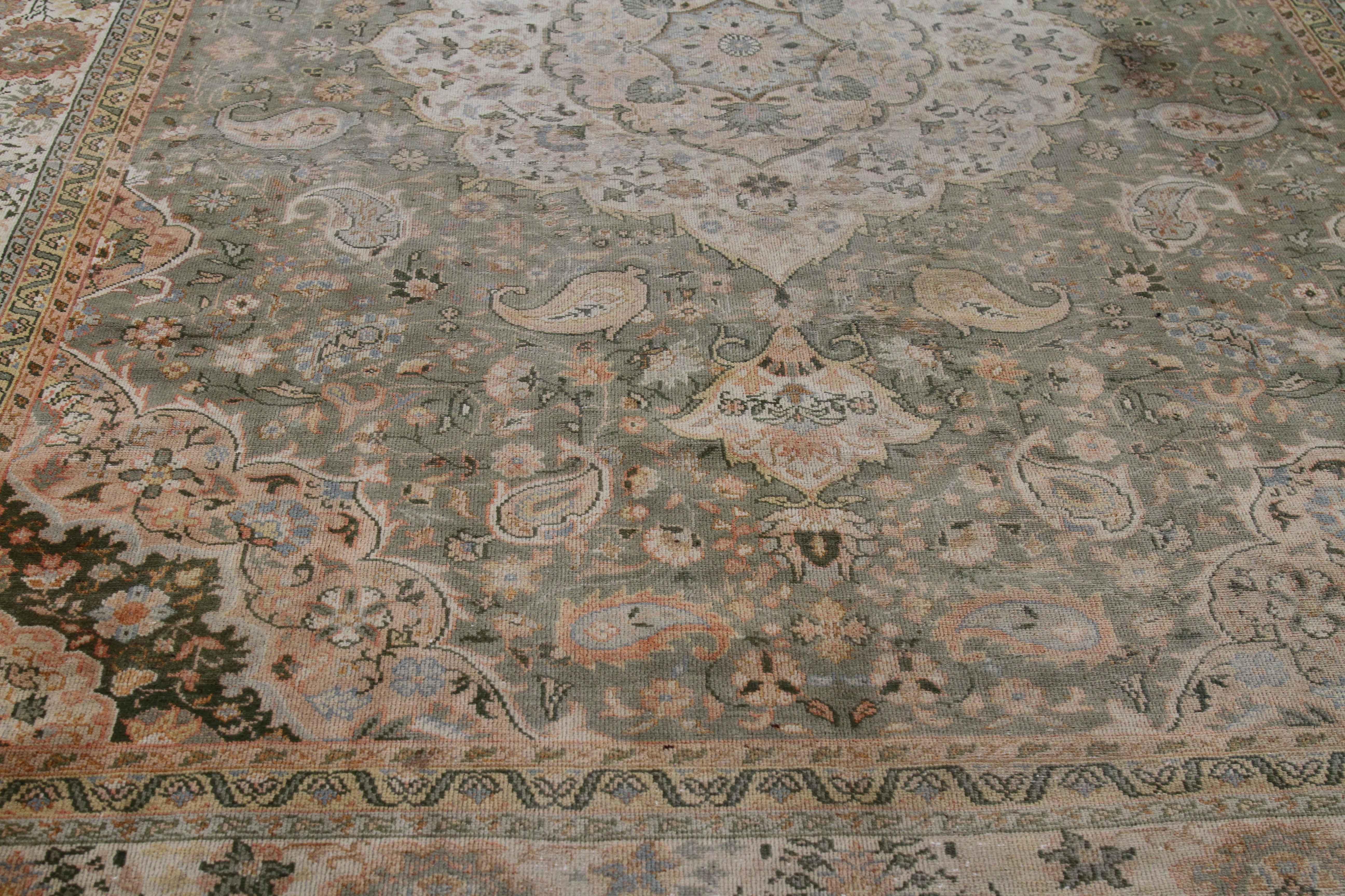 Hand-Knotted Large Antique Sultanabad Persian Rug with Green & White Floral Motif, circa 1930 For Sale