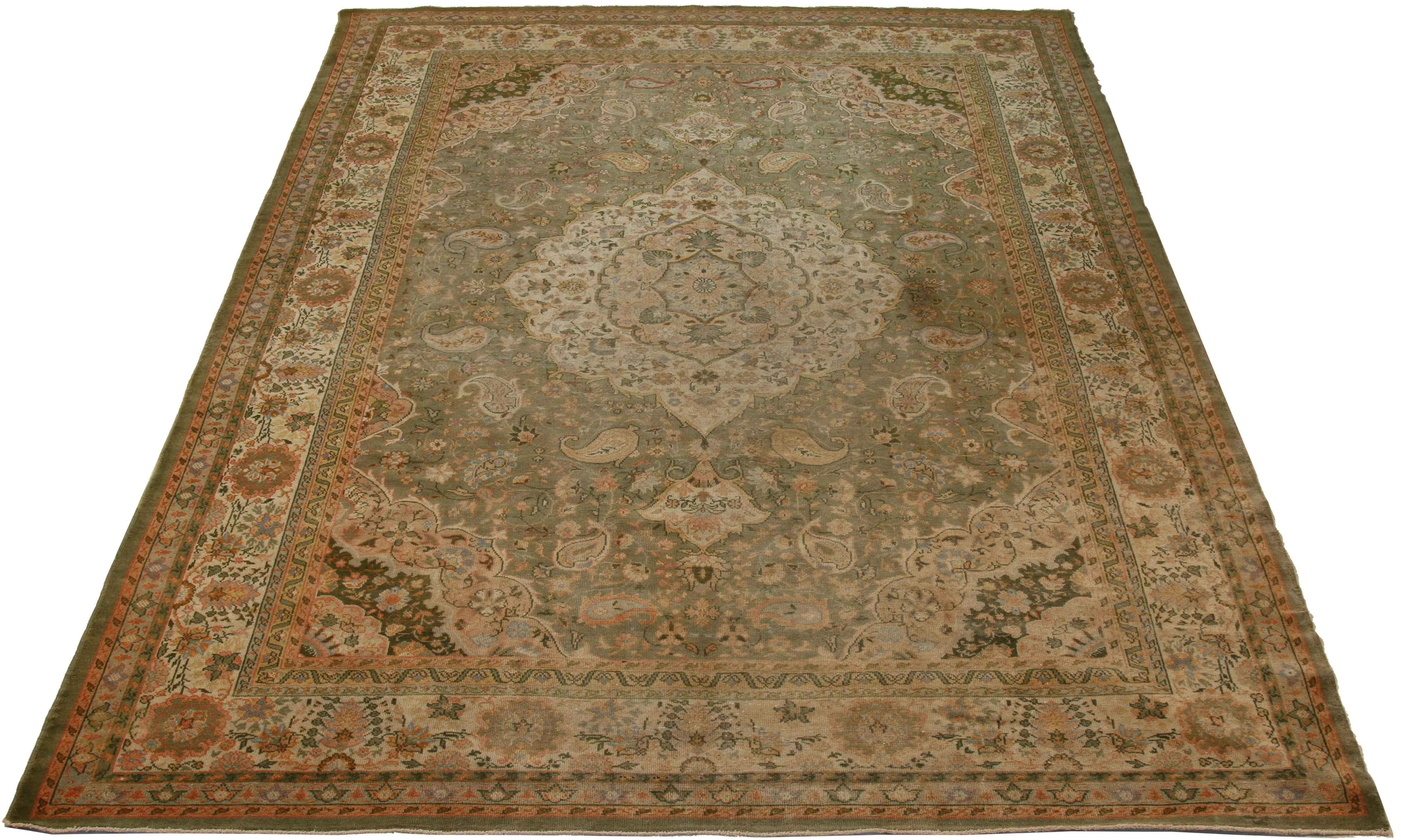 Large Antique Sultanabad Persian Rug with Green & White Floral Motif, circa 1930 In Excellent Condition For Sale In Dallas, TX