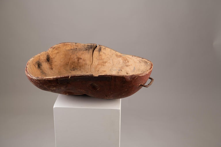 Unusually large wooden bowl in untouched original condition. The bowl is made from birch root and because of that organically shaped. Original hinges in handwrought iron. The red paint underneath is original. There are some older reinforcements in