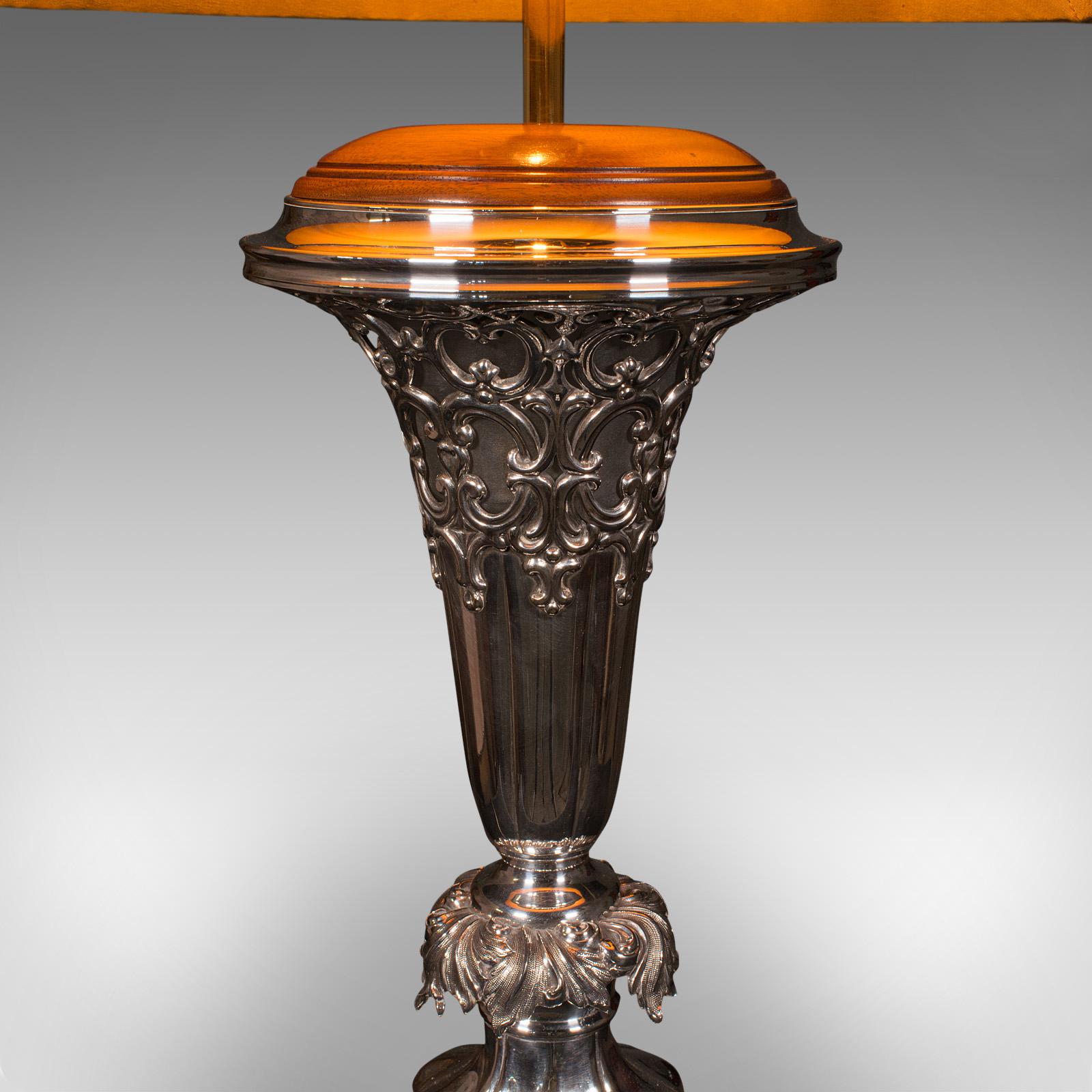 Large Antique Table Lamp, English Silver Plate, Walnut, Light, Victorian, C.1900 For Sale 4