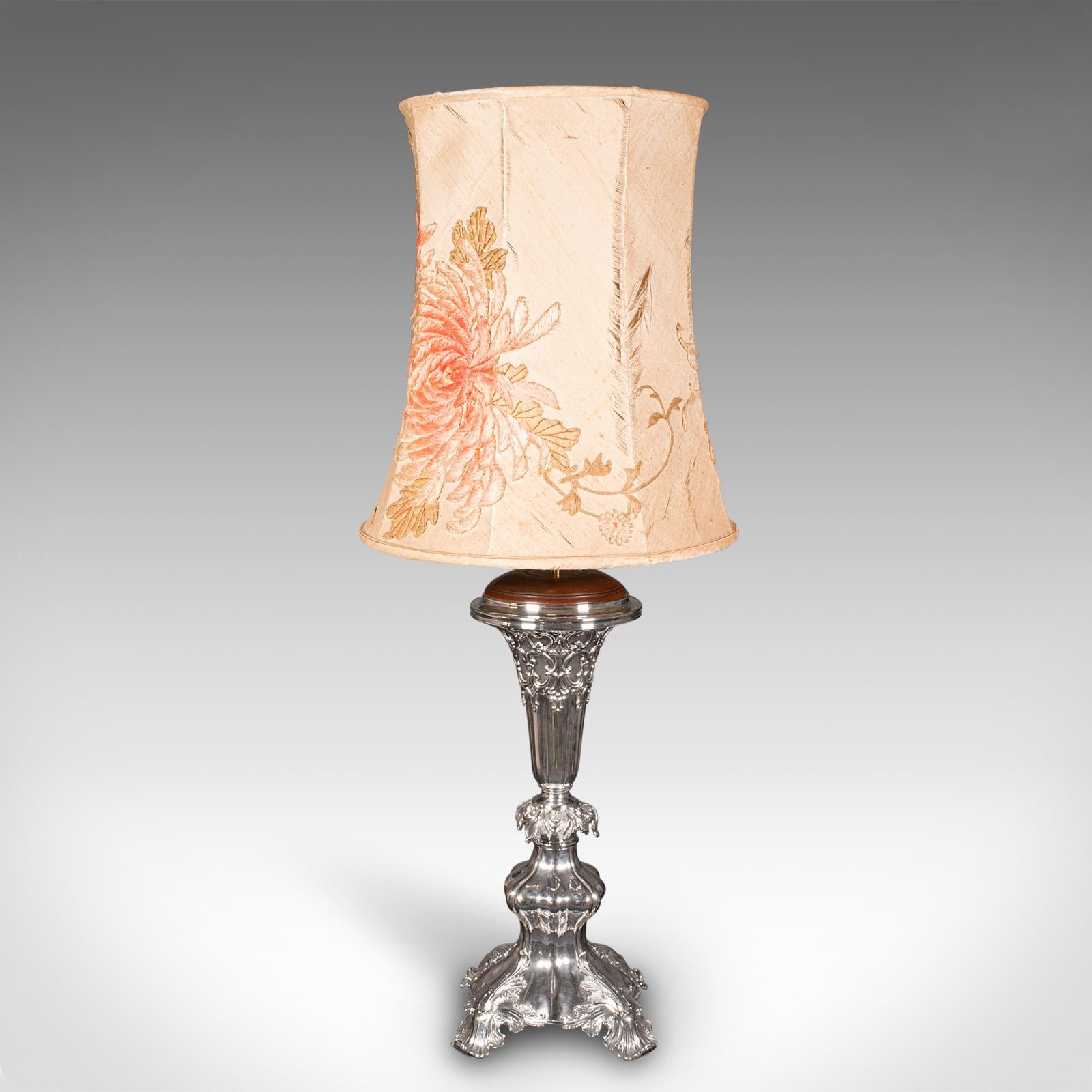 European Large Antique Table Lamp, English Silver Plate, Walnut, Light, Victorian, C.1900 For Sale