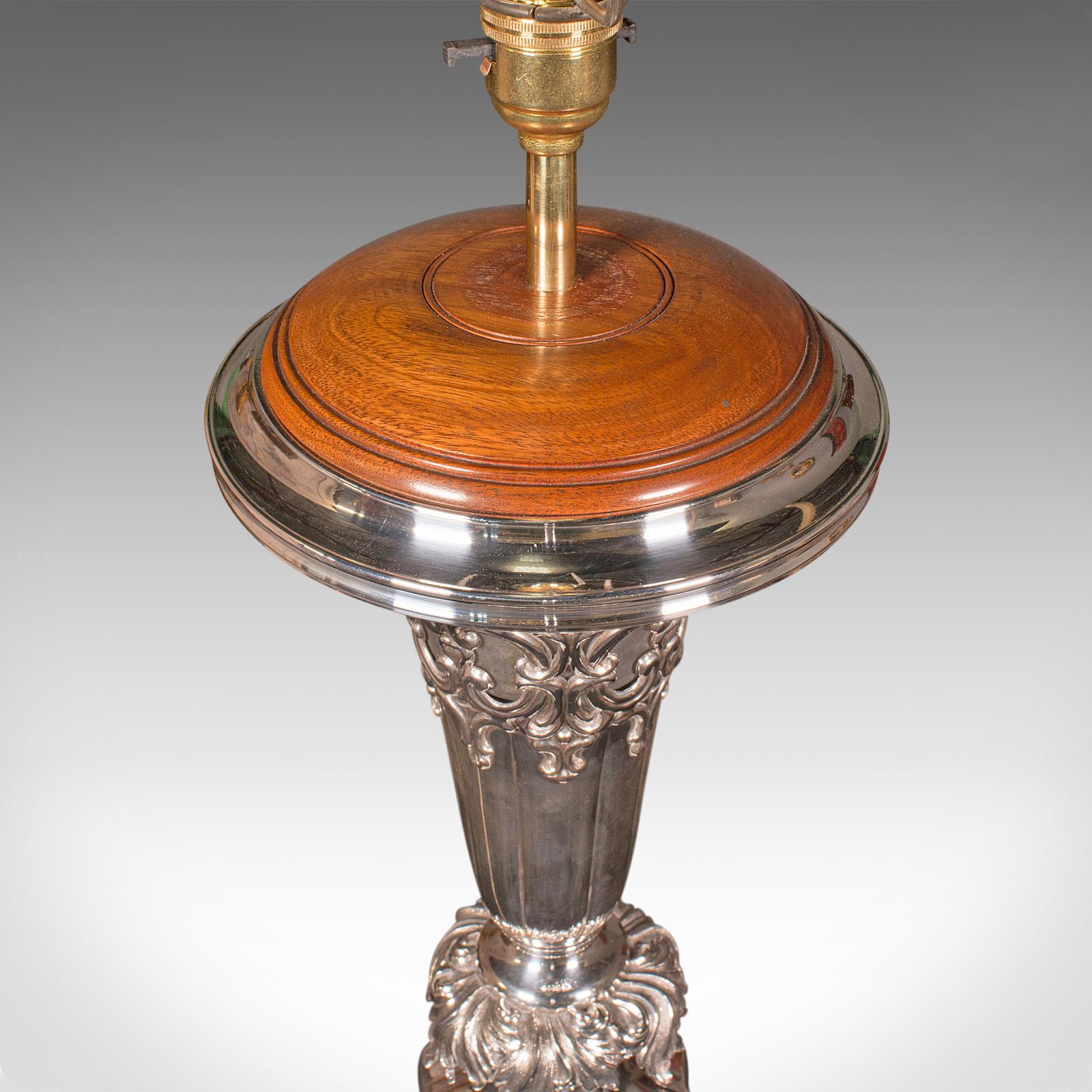 19th Century Large Antique Table Lamp, English Silver Plate, Walnut, Light, Victorian, C.1900 For Sale