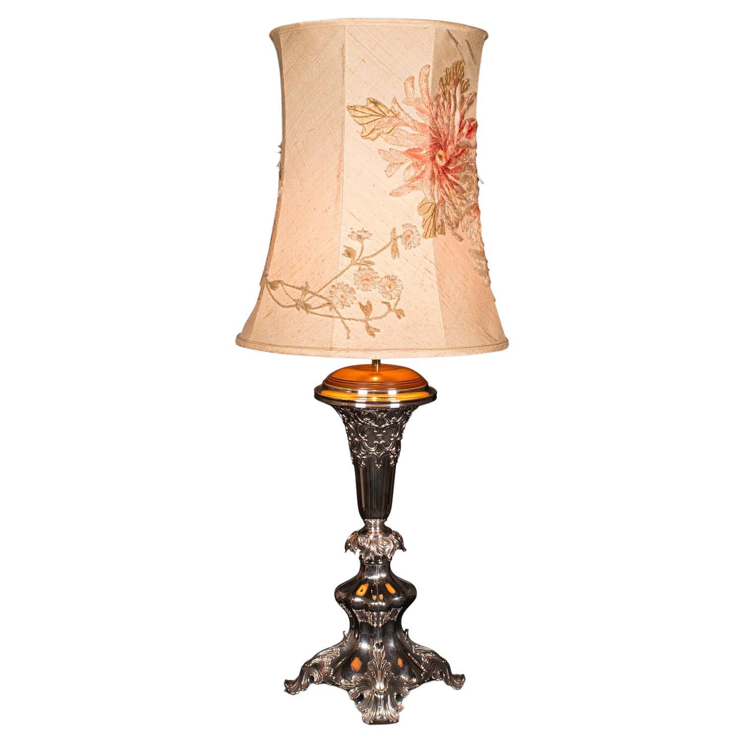 Large Antique Table Lamp, English Silver Plate, Walnut, Light, Victorian, C.1900 For Sale
