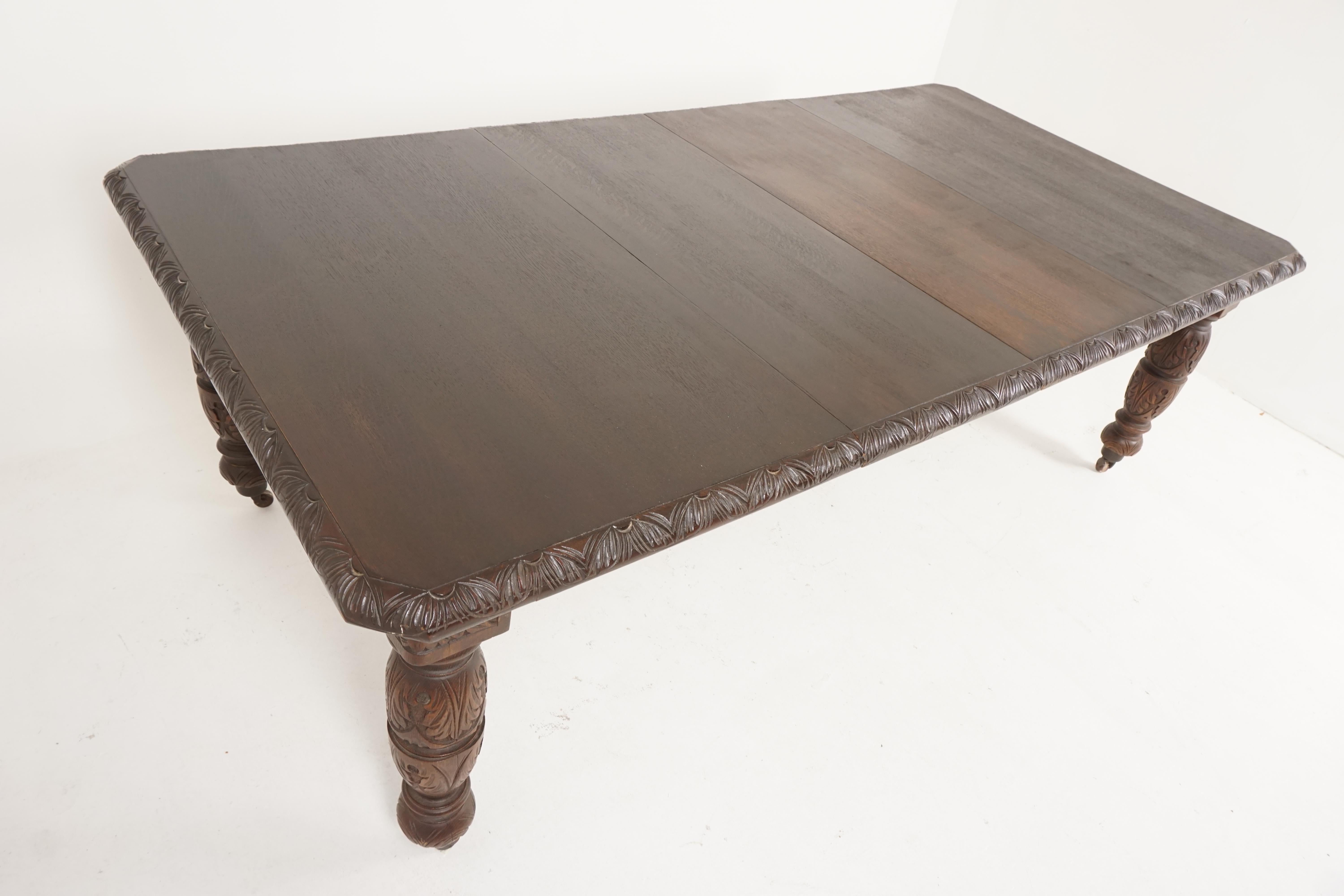 Large antique table, Victorian dining table, carved oak, extending Gothic style dining table, Scotland 1880, B2474

Scotland 1880
Solid oak
Rectangular top has canted ends
With a carved moulding around the top
All standing on four well carved