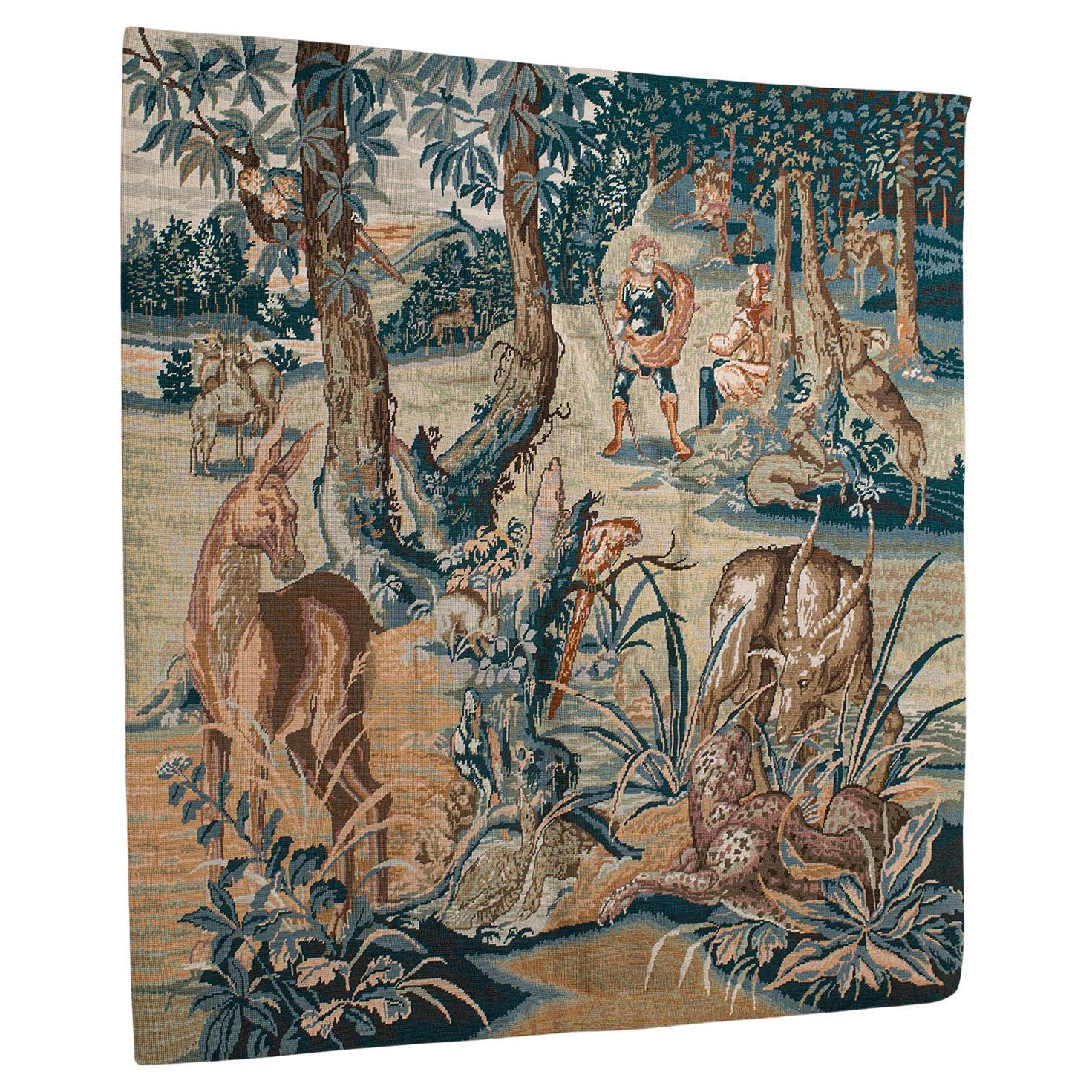 Grand panneau de tapisserie ancienne, continental, broderie à l'aiguille, frise carrée, victorien