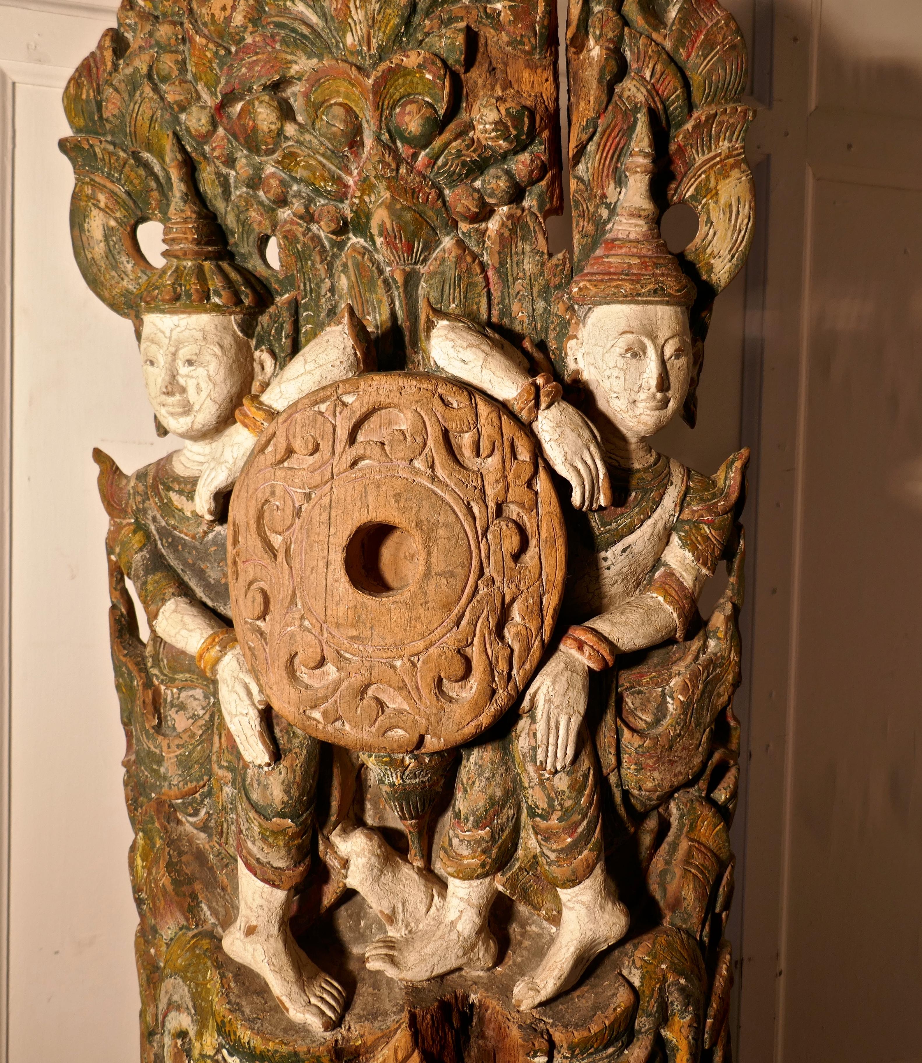 Folk Art Large Antique Temple Carving, Polychrome Buddhist Statue For Sale