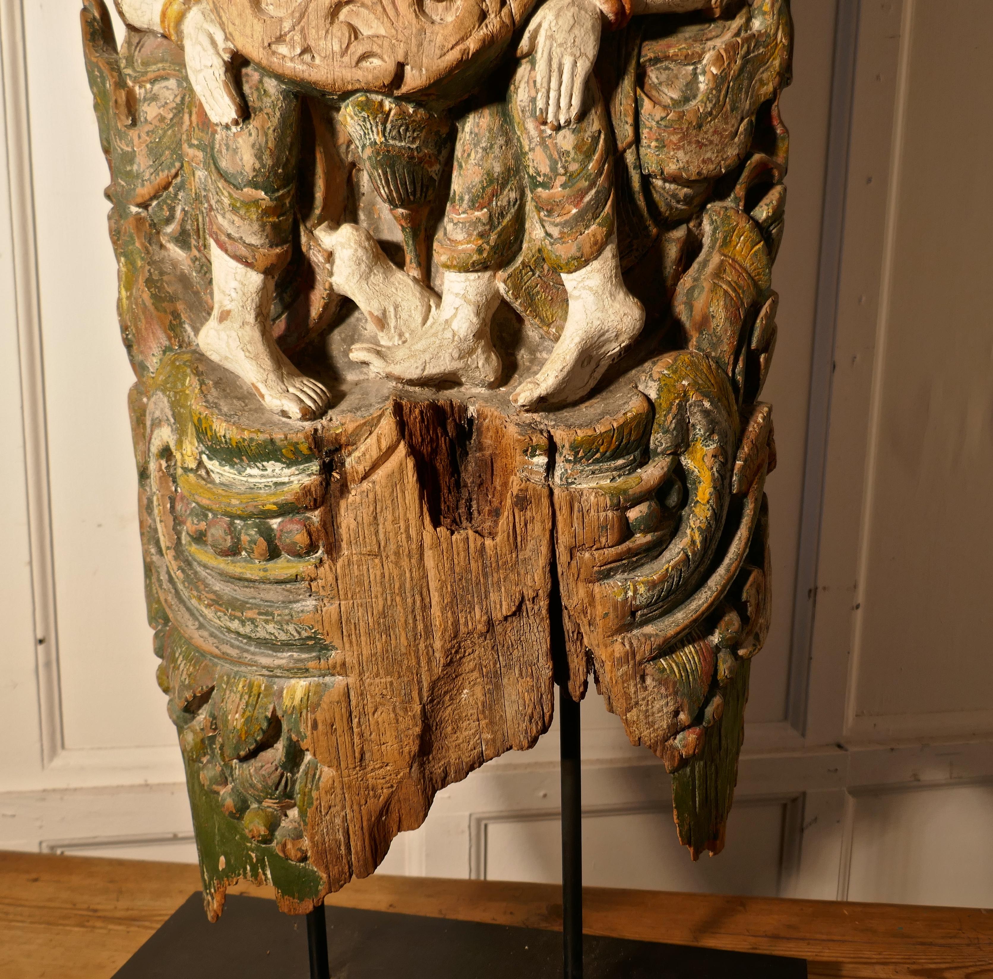 Large Antique Temple Carving, Polychrome Buddhist Statue In Distressed Condition For Sale In Chillerton, Isle of Wight