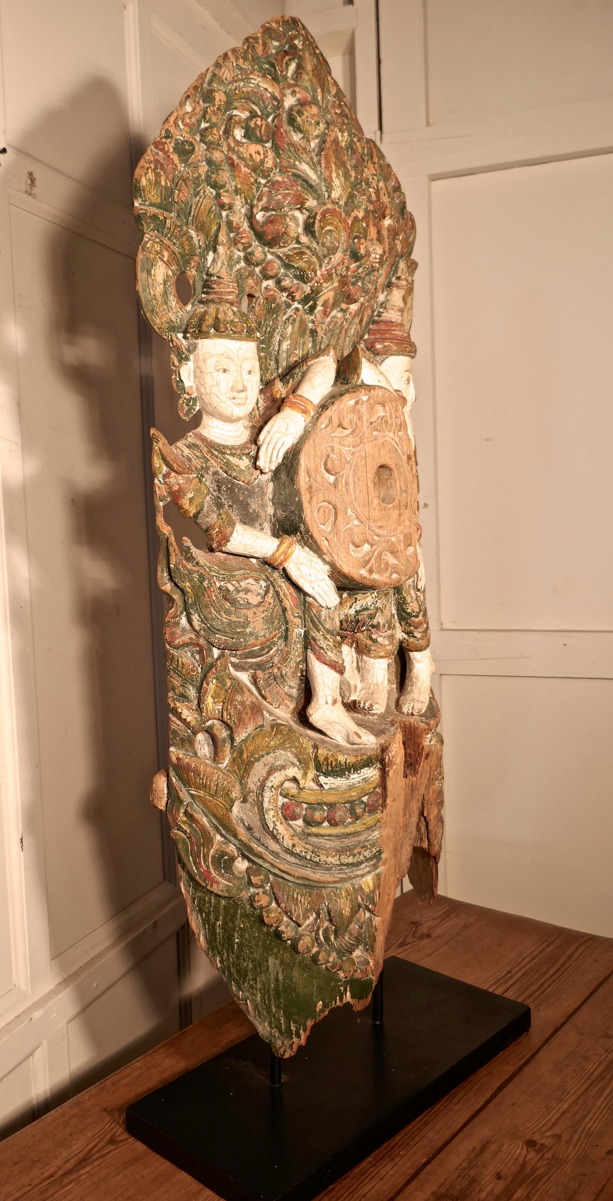 Early 18th Century Large Antique Temple Carving, Polychrome Buddhist Statue For Sale