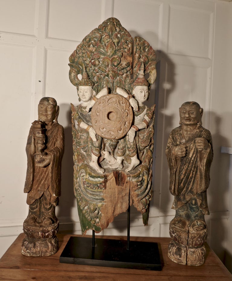 Large Antique Temple Carving, Polychrome Buddhist Statue For Sale at