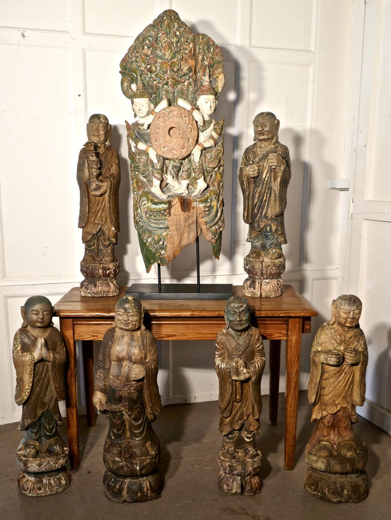 Large Antique Temple Carving, Polychrome Buddhist Statue For Sale at