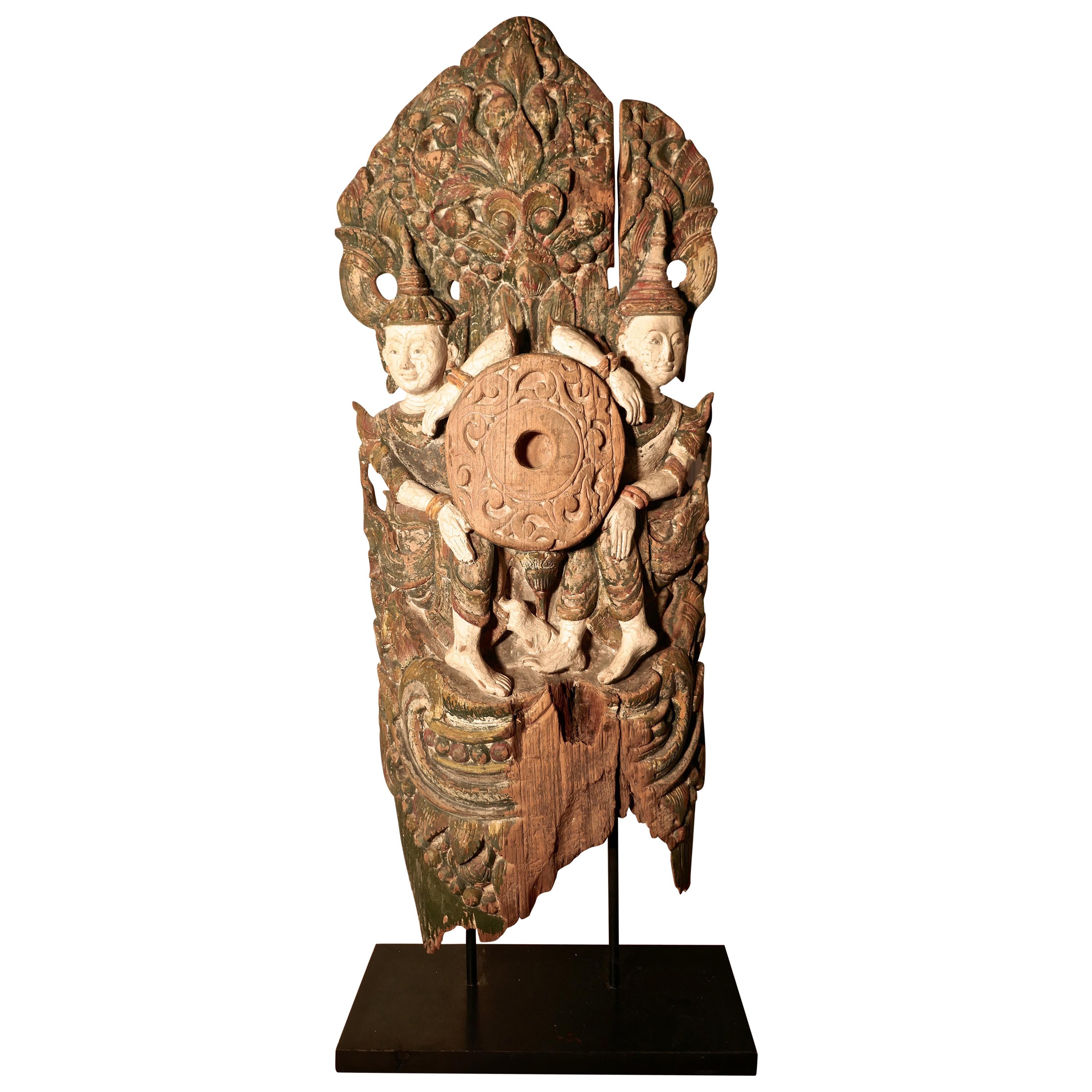 Large Antique Temple Carving, Polychrome Buddhist Statue For Sale